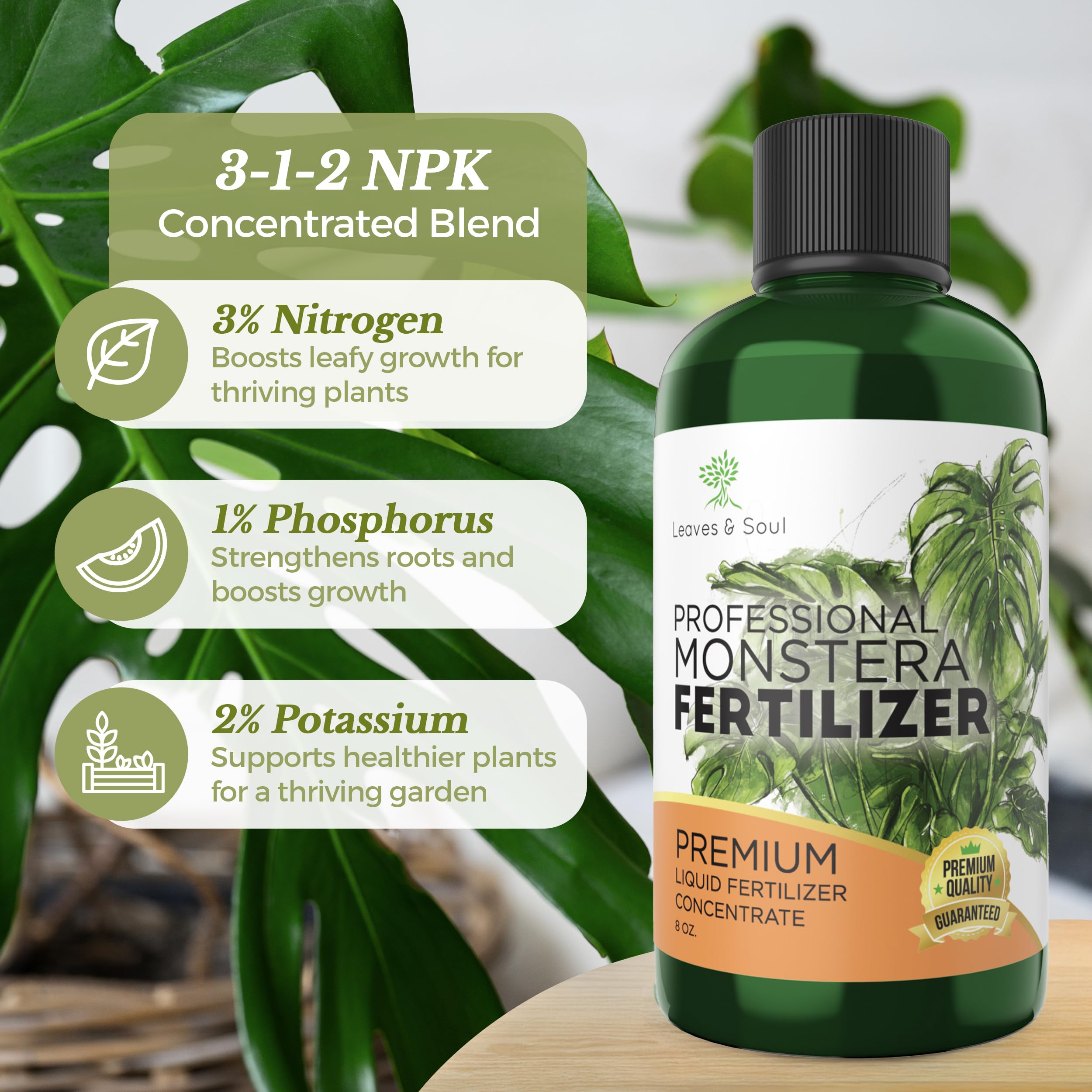 Leaves and Soul Monstera fertilizer label highlights clear directions for plant feeding.
