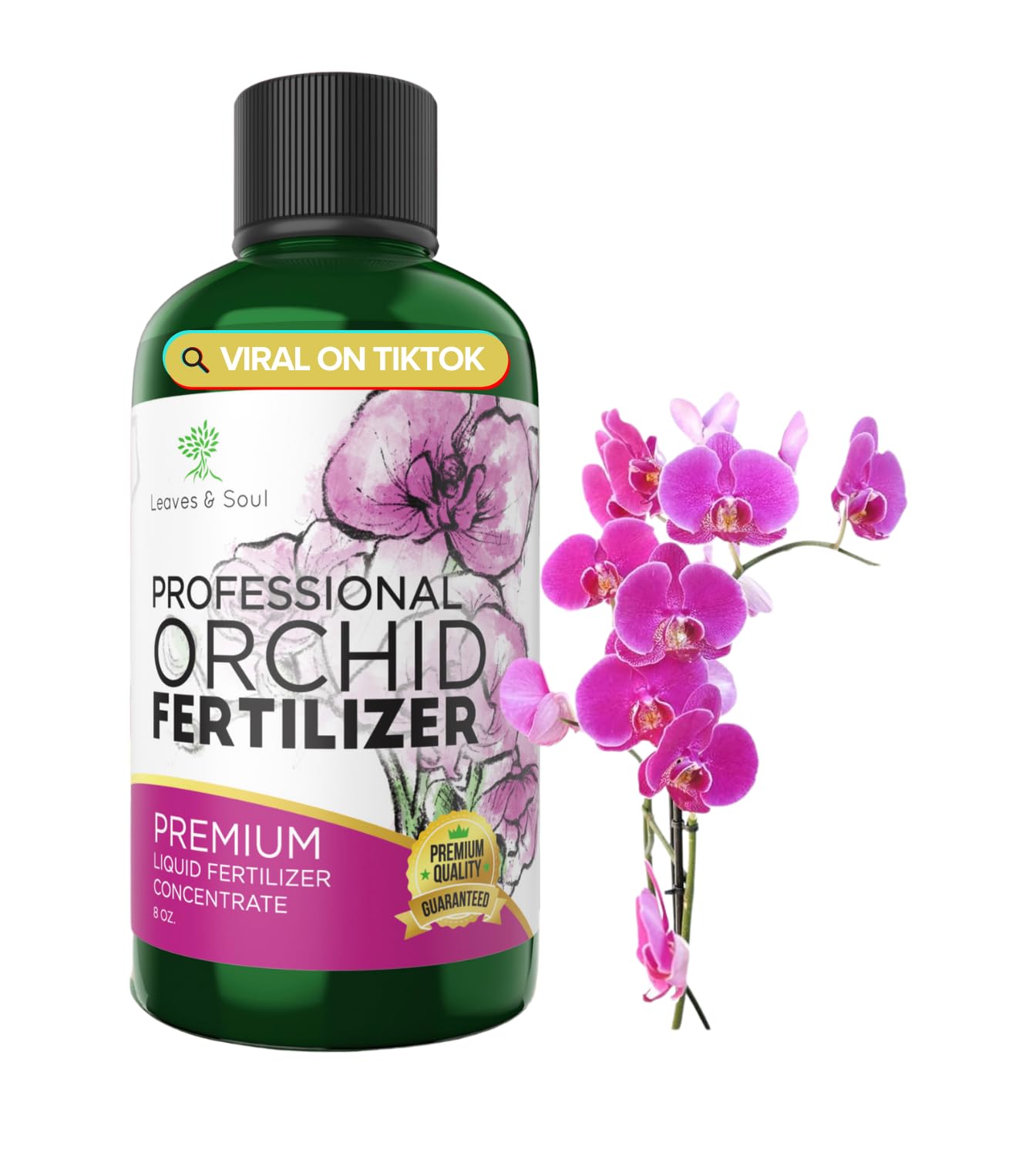 Leaves and Soul orchid fertilizer bottle, 8 oz, for healthier growth and vibrant blooms.