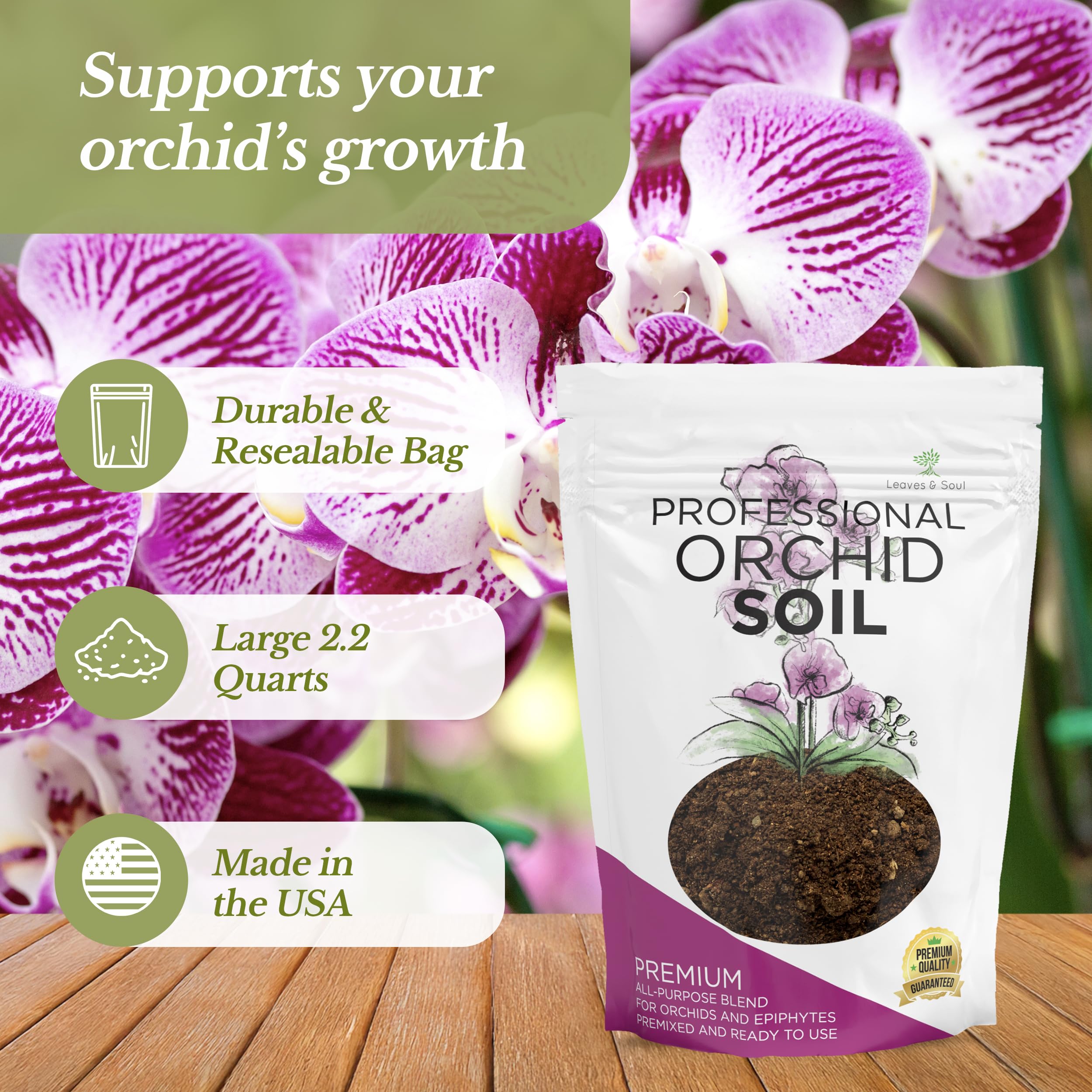 Leaves and Soul Orchid Soil ingredients close-up show lava, calcined clay, pine bark for aeration.