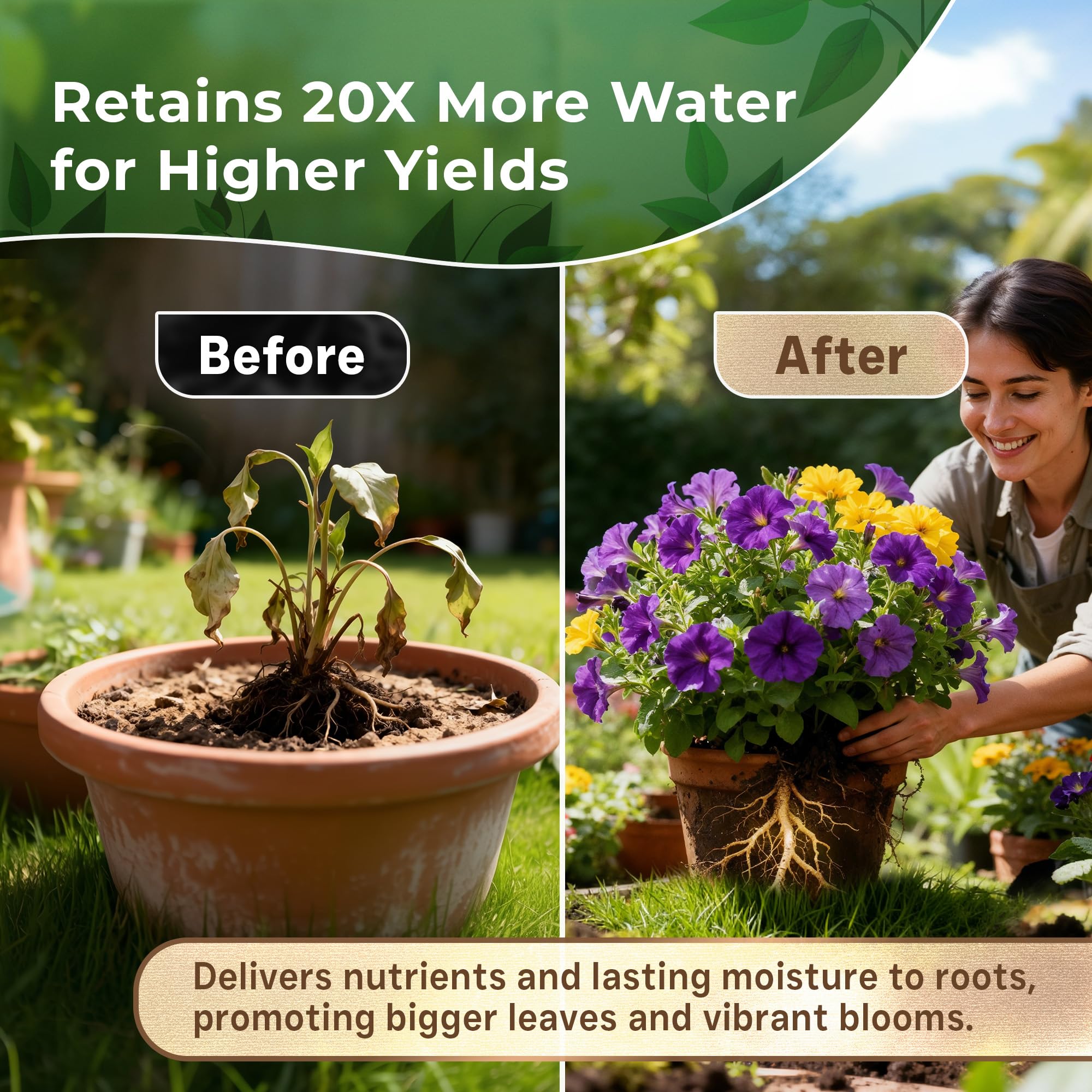 Leaves and Soul peat moss in a container garden setup promotes thriving plants.