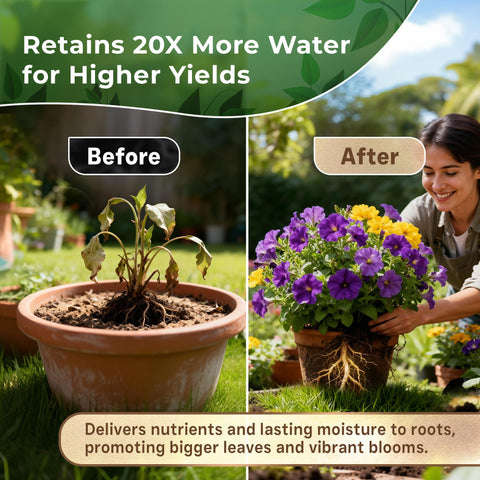 Leaves and Soul peat moss in a container garden setup promotes thriving plants.