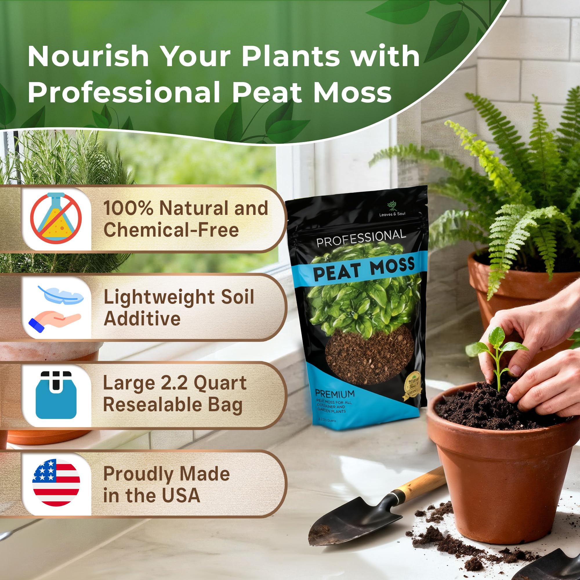 Leaves and Soul peat moss texture ready for soil mixing to improve drainage and aeration.