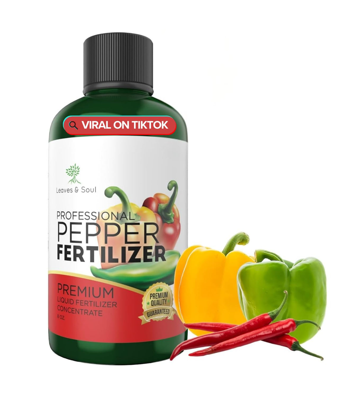 Leaves and Soul pepper fertilizer bottle pouring for robust pepper plant growth.