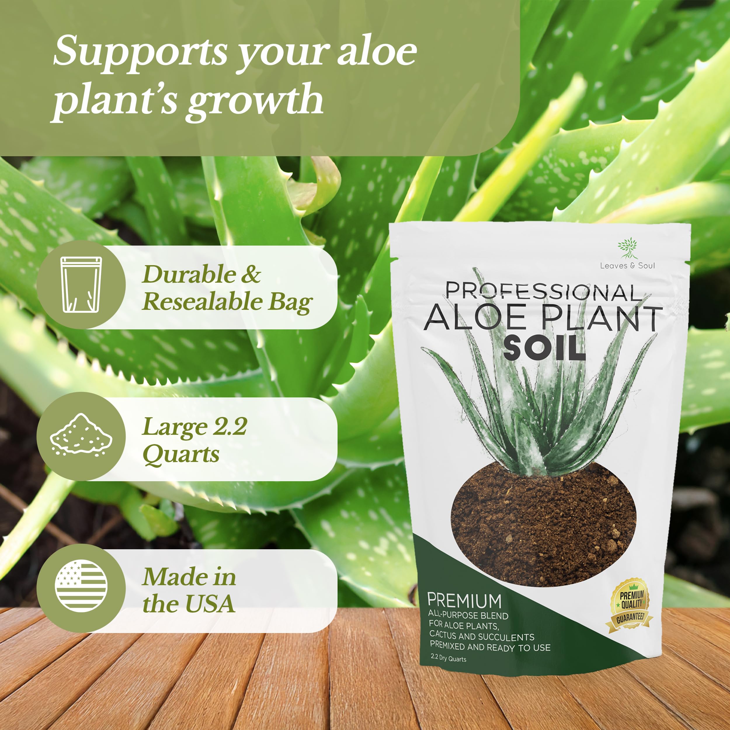 Leaves and Soul premium soil mix ingredients for improved nutrient uptake.