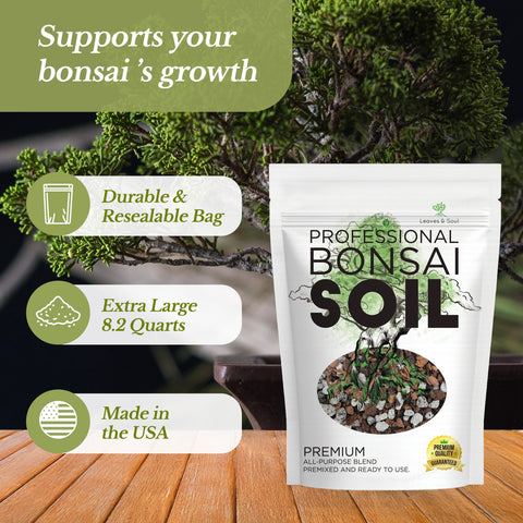 Leaves and Soul premixed bonsai soil bag top demonstrates ready-to-use mix for quick setup.