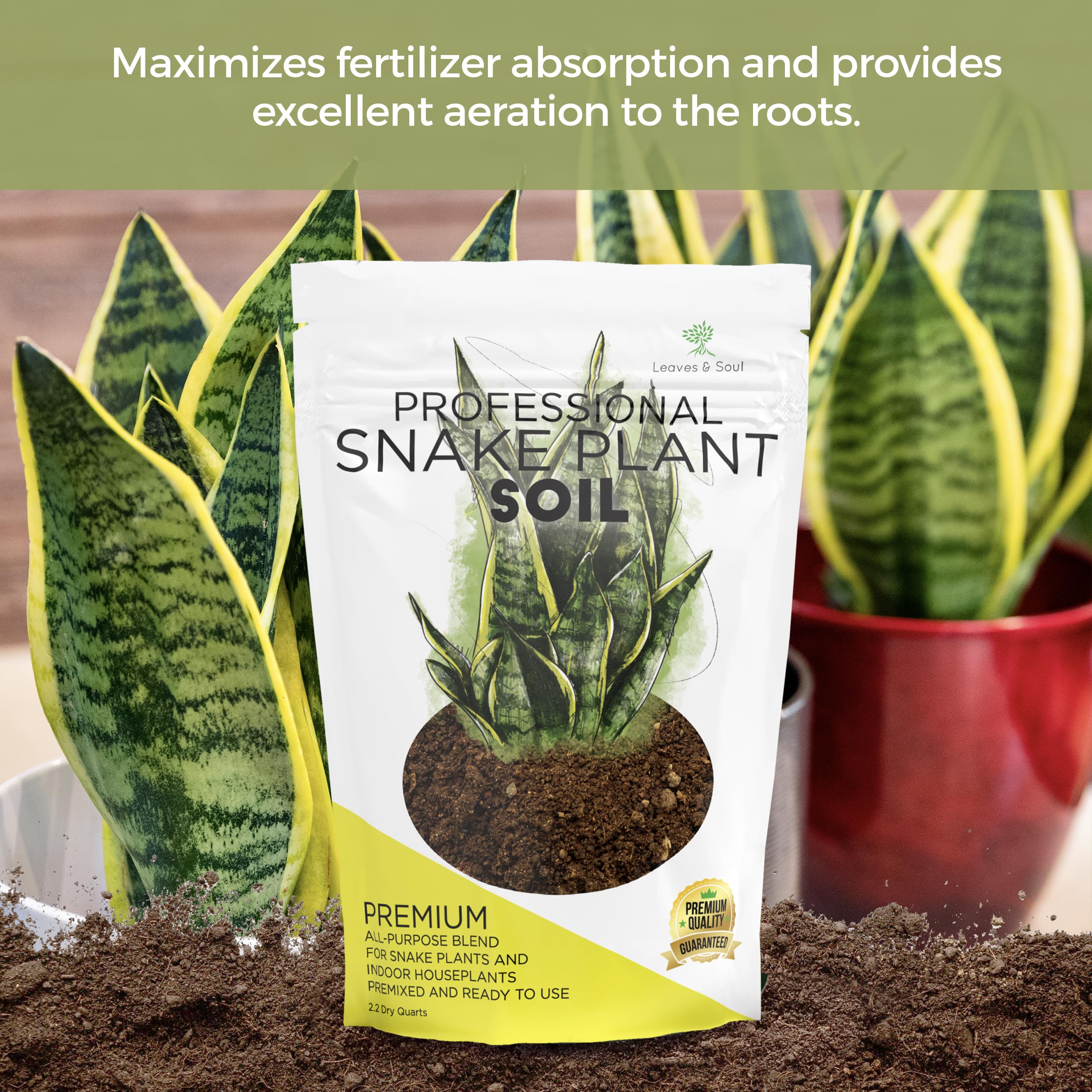 Leaves and Soul premium premixed soil packaging shows USA-made quality for reliable planting.