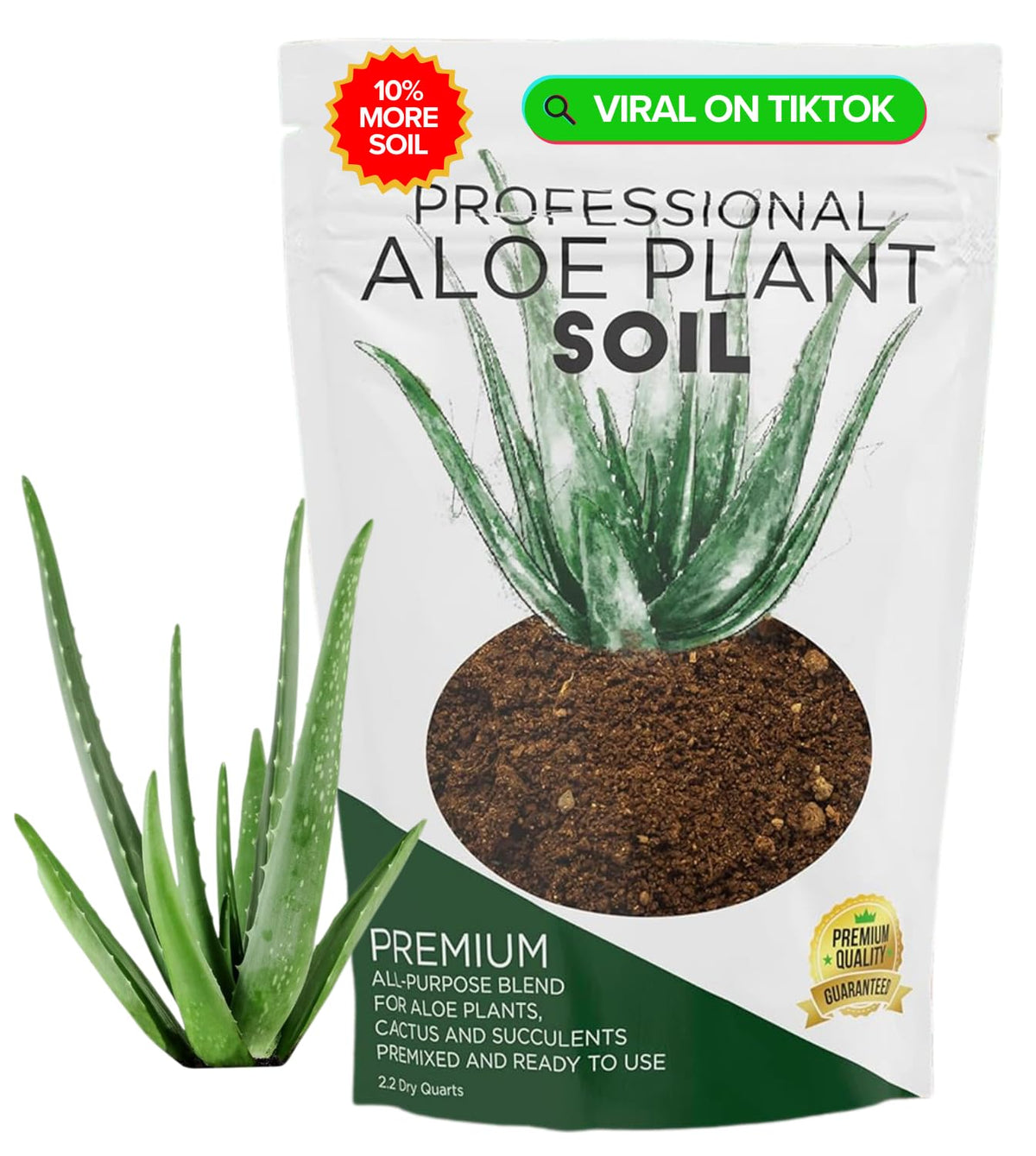 Leaves and Soul Aloe soil bag closeup for rich root support and aeration.