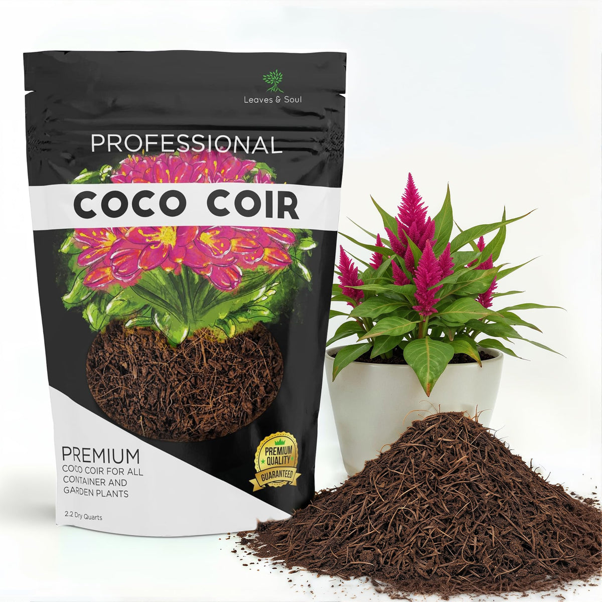 Leaves and Soul Coco Coir bag label signaling reliable container plant growth.