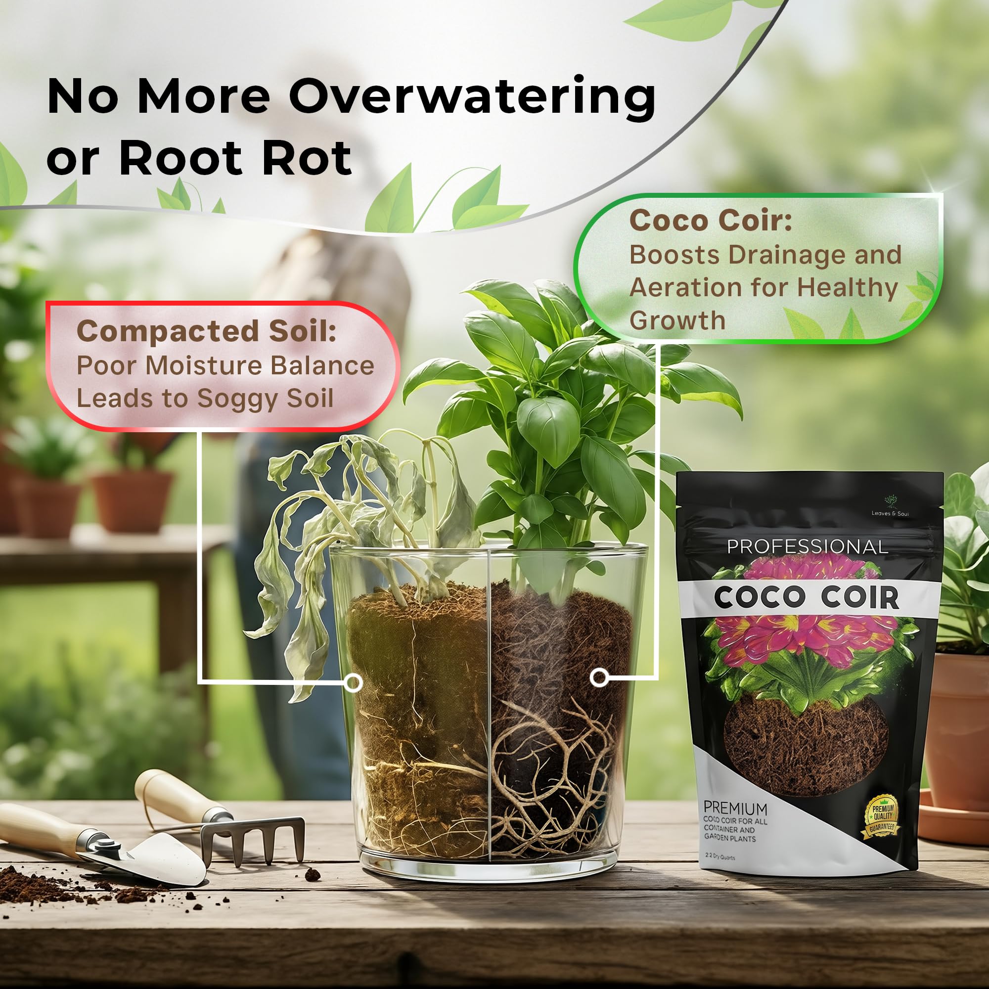 Coir in pot showing space for roots and drainage.