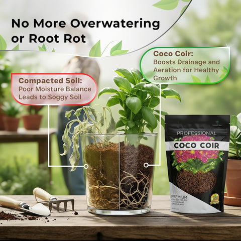 Coir in pot showing space for roots and drainage.