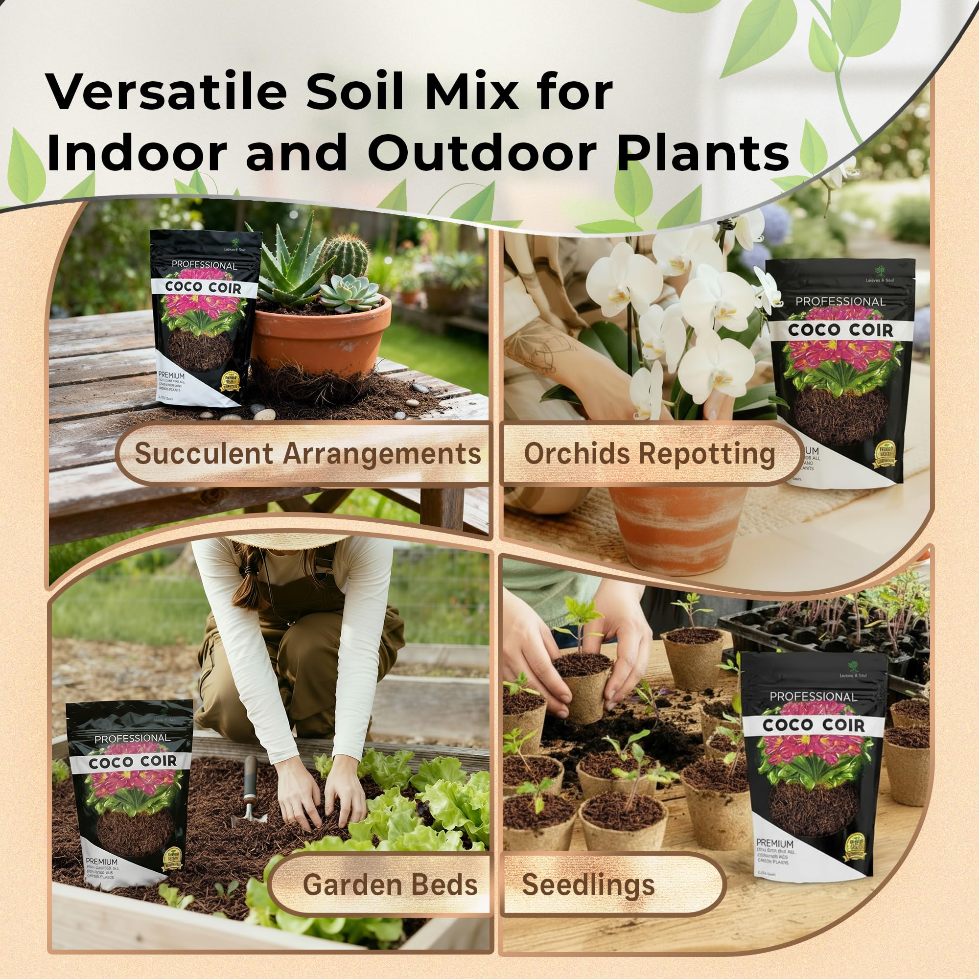 USA-made Leaves and Soul coco coir with clear quality seal.