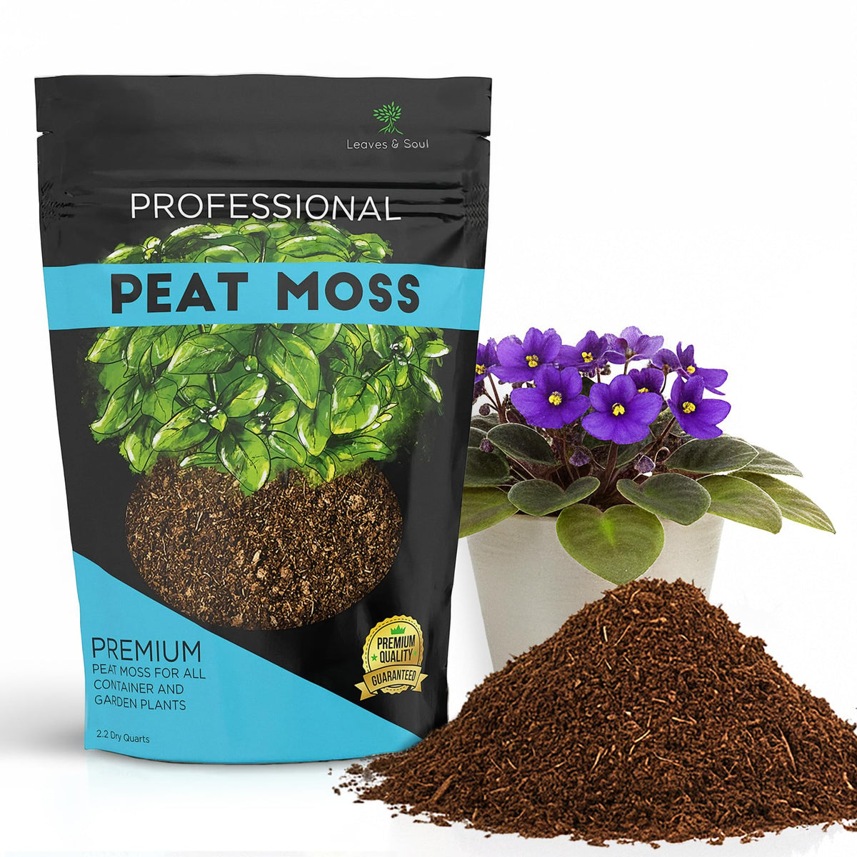 Leaves and Soul professional peat moss bag closeup showing texture ideal for healthy roots.