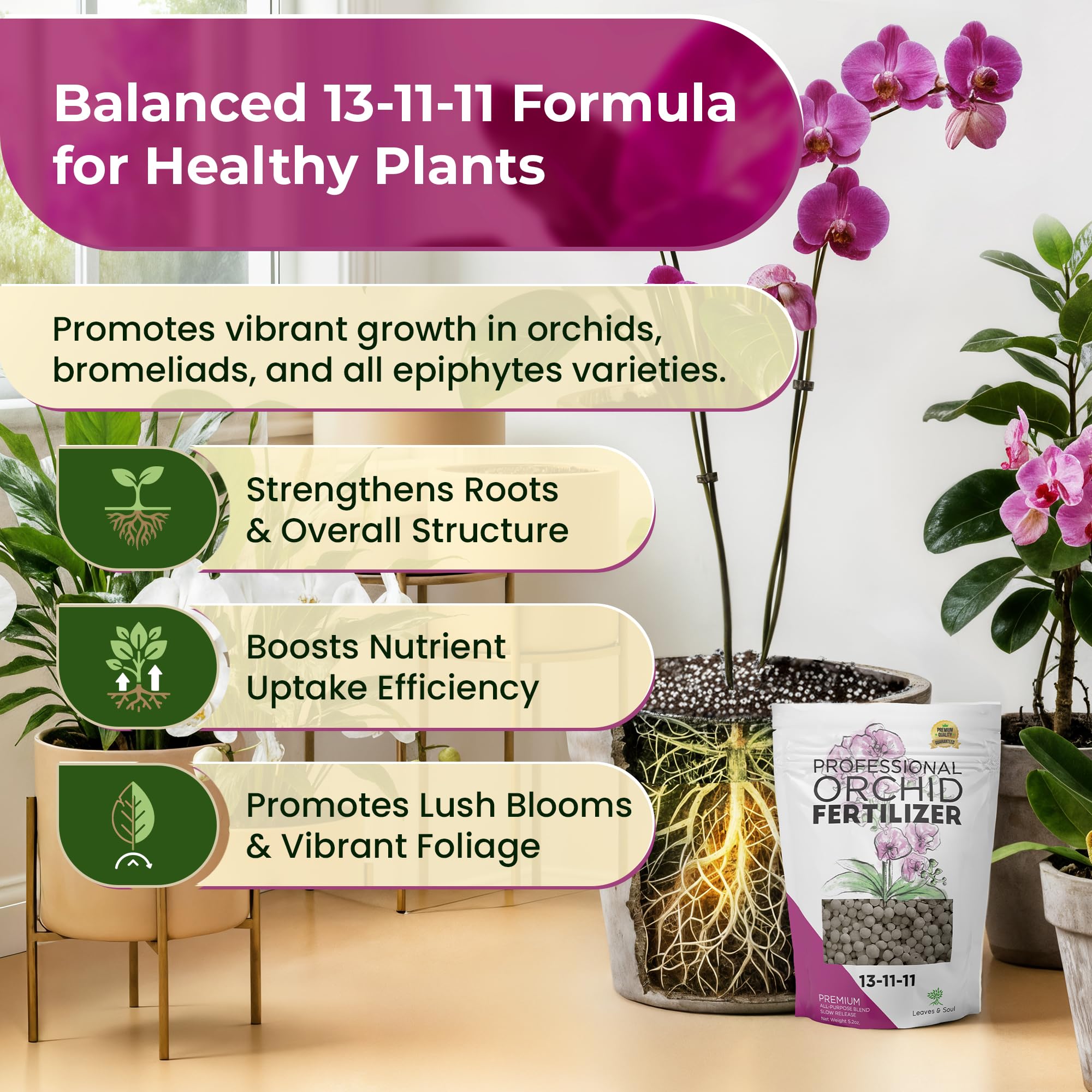 Leaves and Soul slow-release pellets being sprinkled into orchid pot