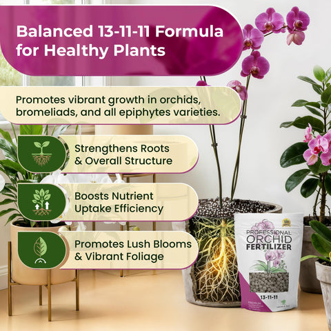 Leaves and Soul slow-release pellets being sprinkled into orchid pot