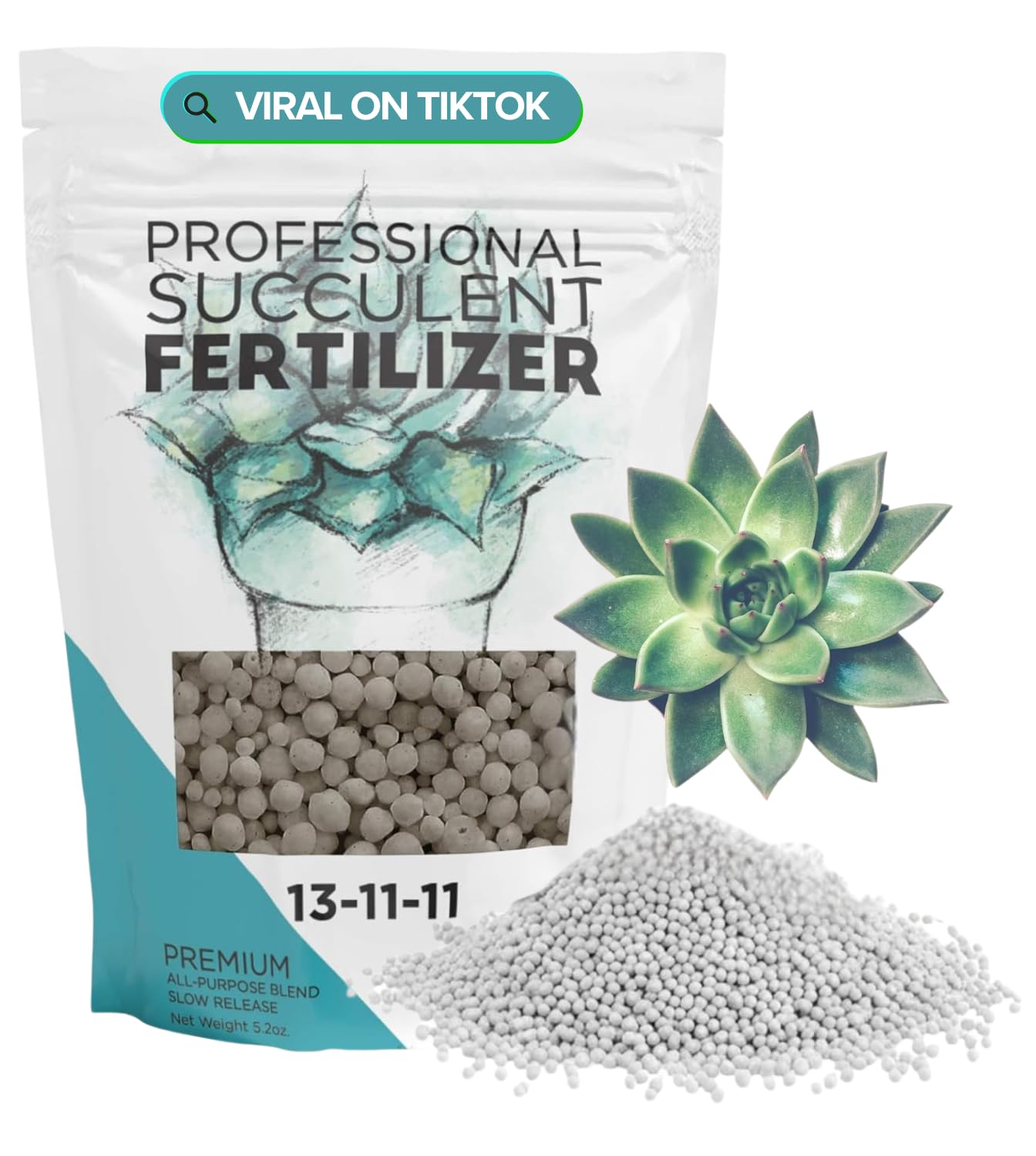 Leaves and Soul succulent fertilizer pellets in bag for easy, slow-release feeding.