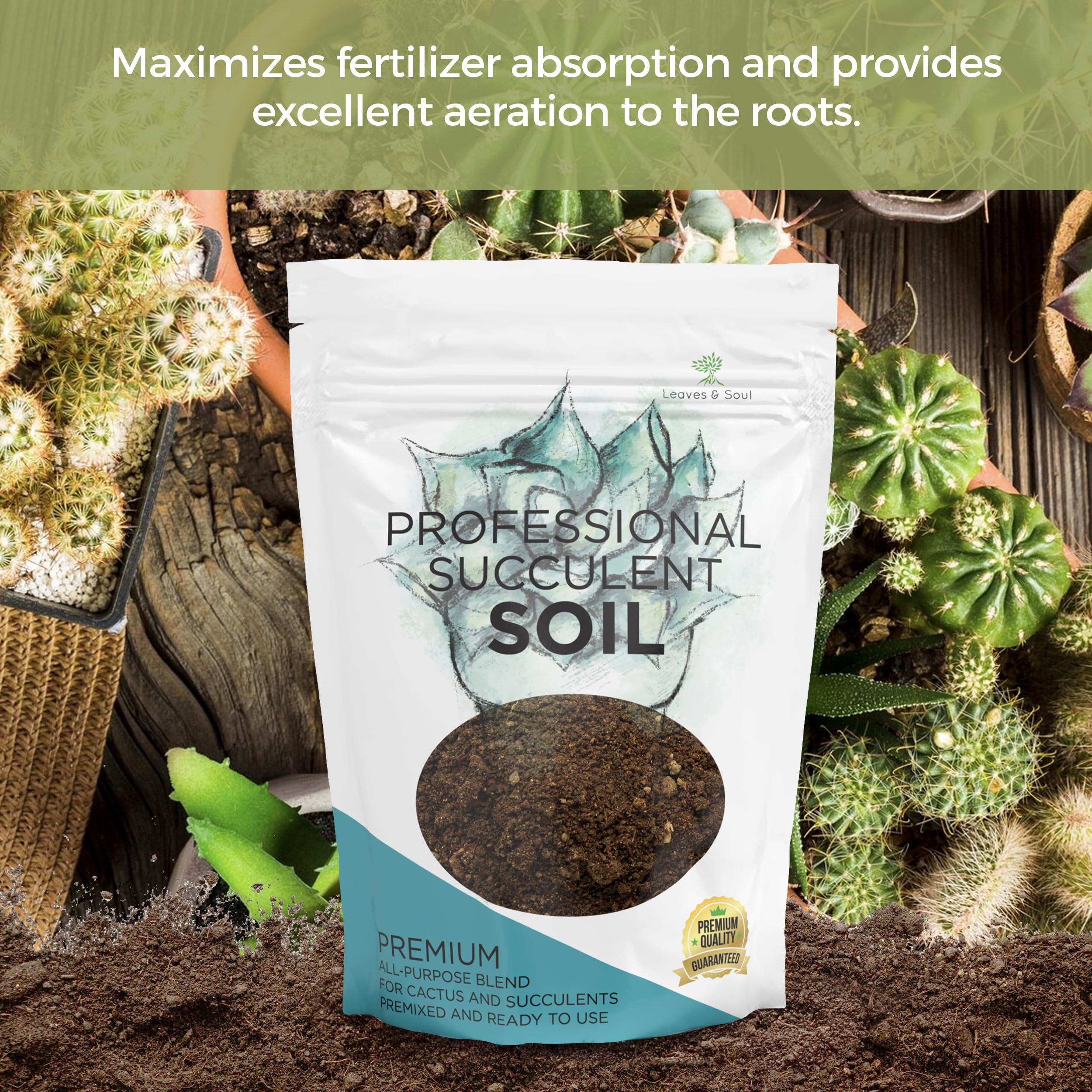 Leaves and Soul succulent soil ingredients closeup shows Canadian peat, sand, pine bark balance