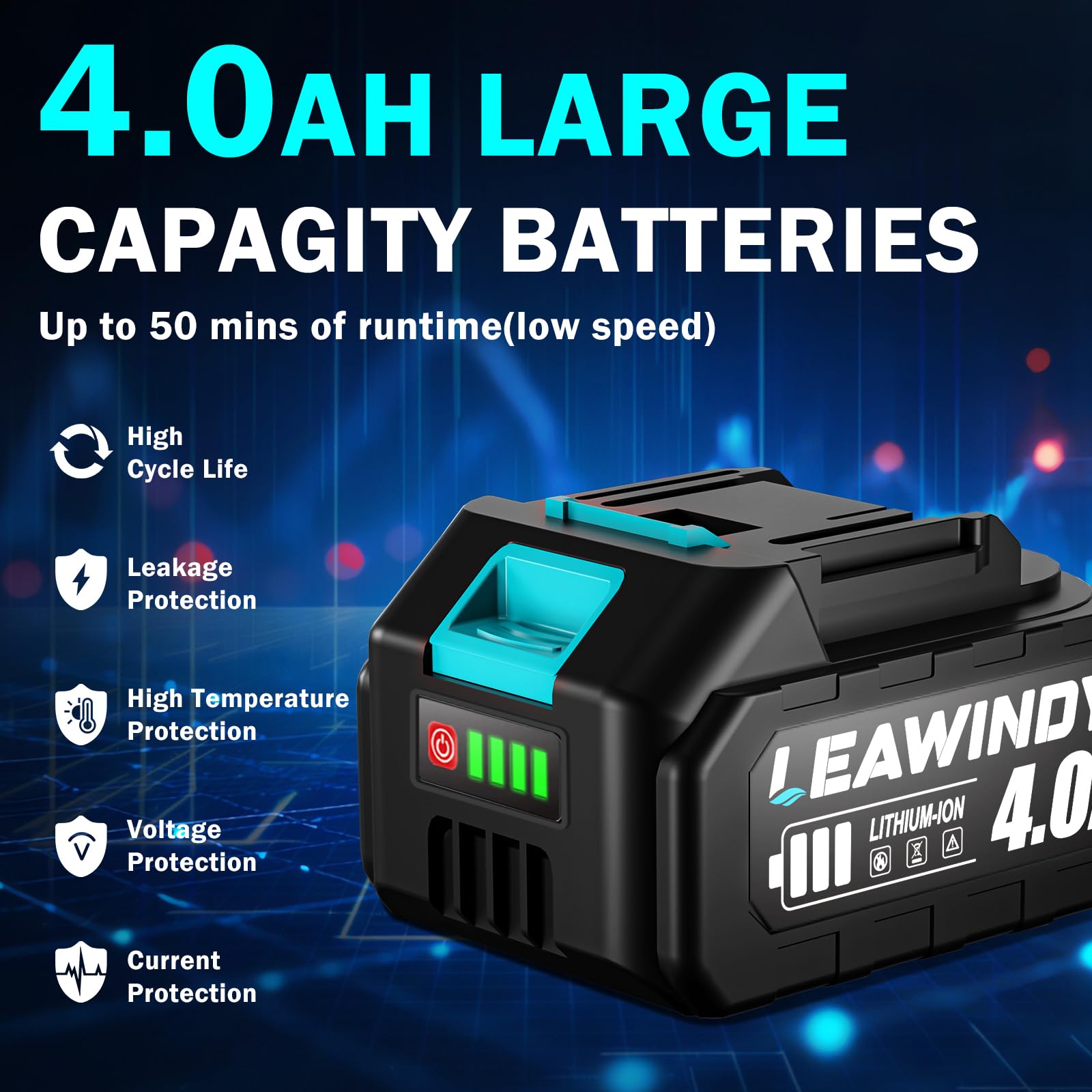 LEAWINDY 21V 4000mAh battery provides longer runtime on patios and driveways.