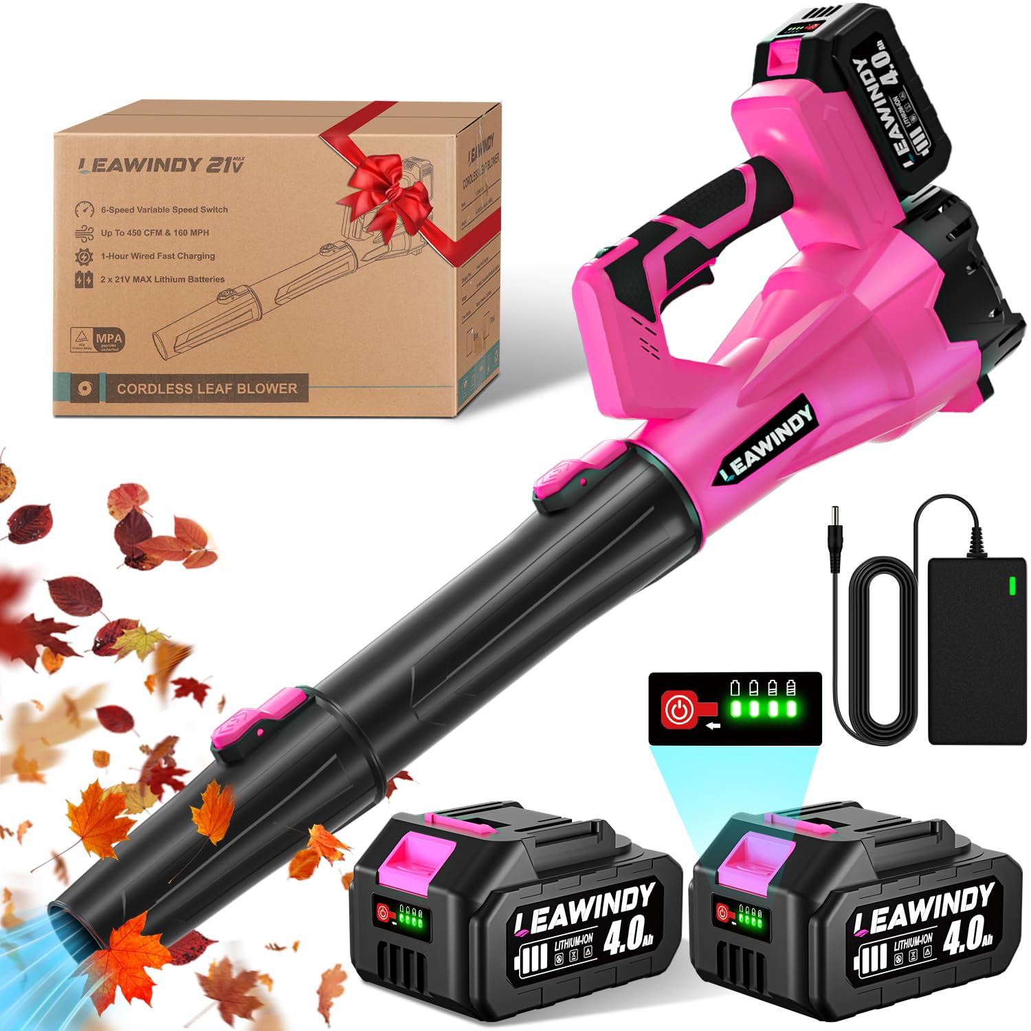 LEAWINDY cordless leaf blower 21V with 6 speeds for versatile yard work.