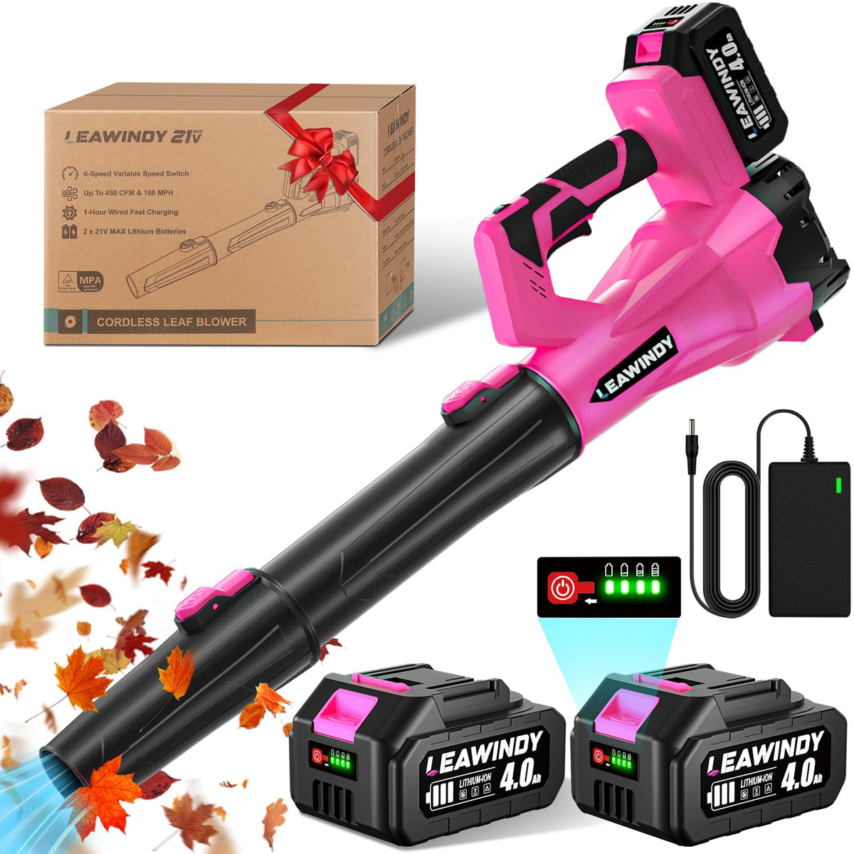 LEAWINDY cordless leaf blower 21V with 6 speeds for versatile yard work.