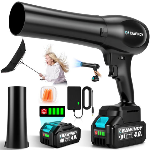 LEAWINDY cordless leaf blower with six-speed control for indoor dusting and outdoor cleanup.
