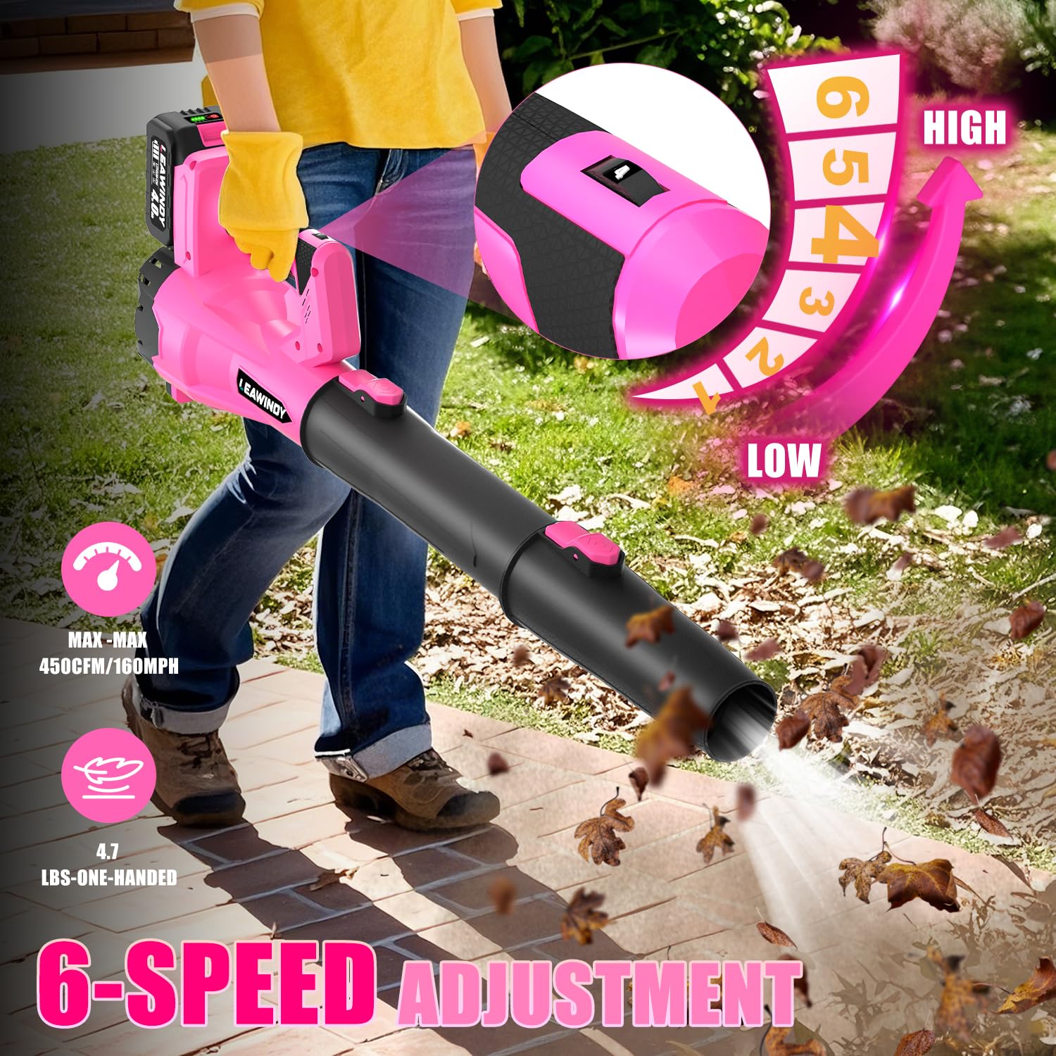 LEAWINDY multi-surface power for leaves, grass, and debris.