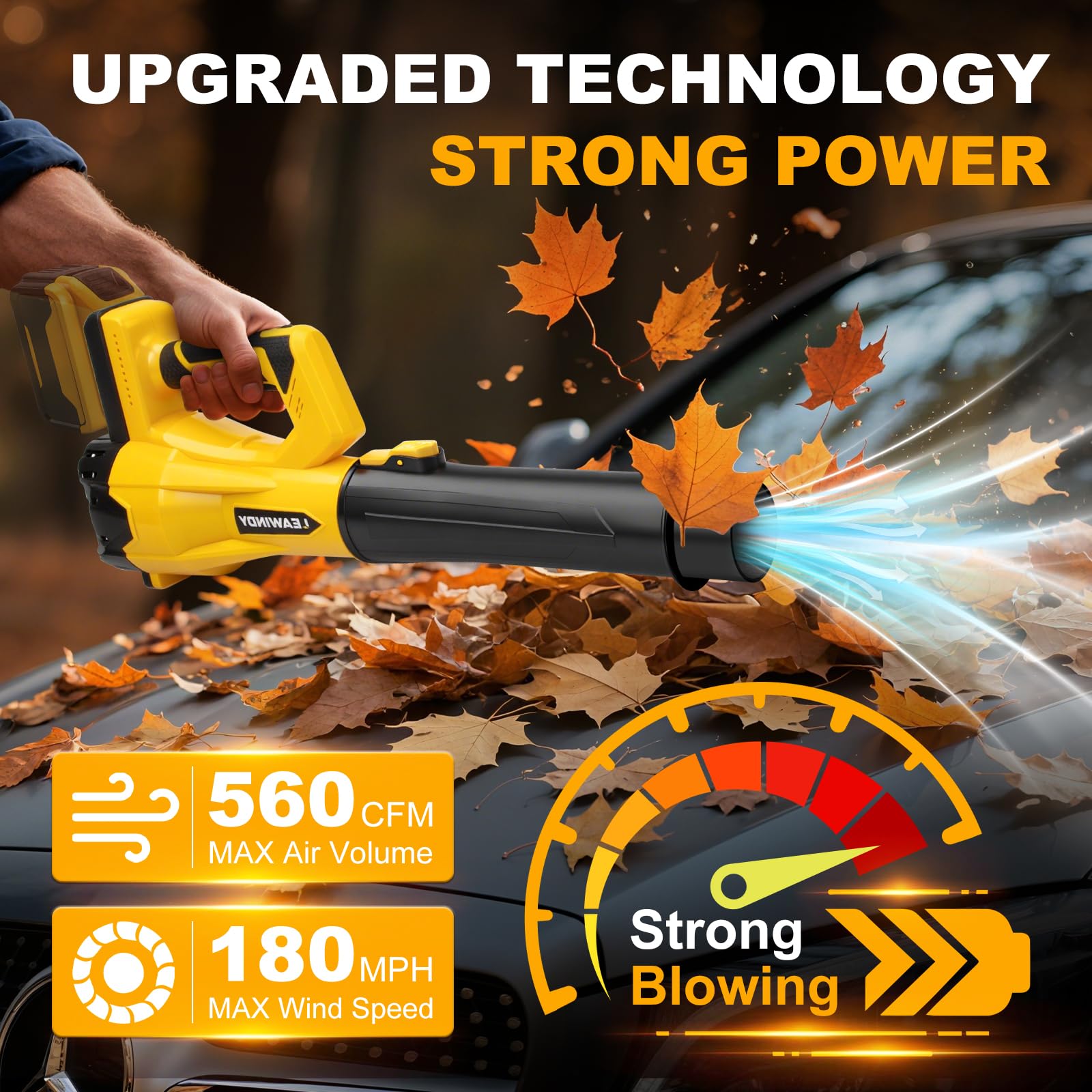 Six-speed variable control to adapt power for leaves, dust, and debris.