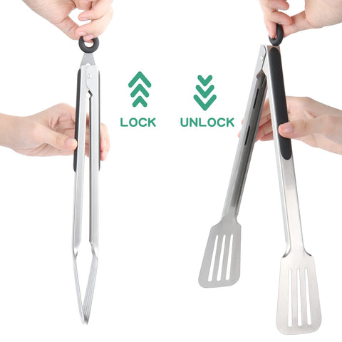 Lebabo tongs handle ribs, steak, and fish with secure grip