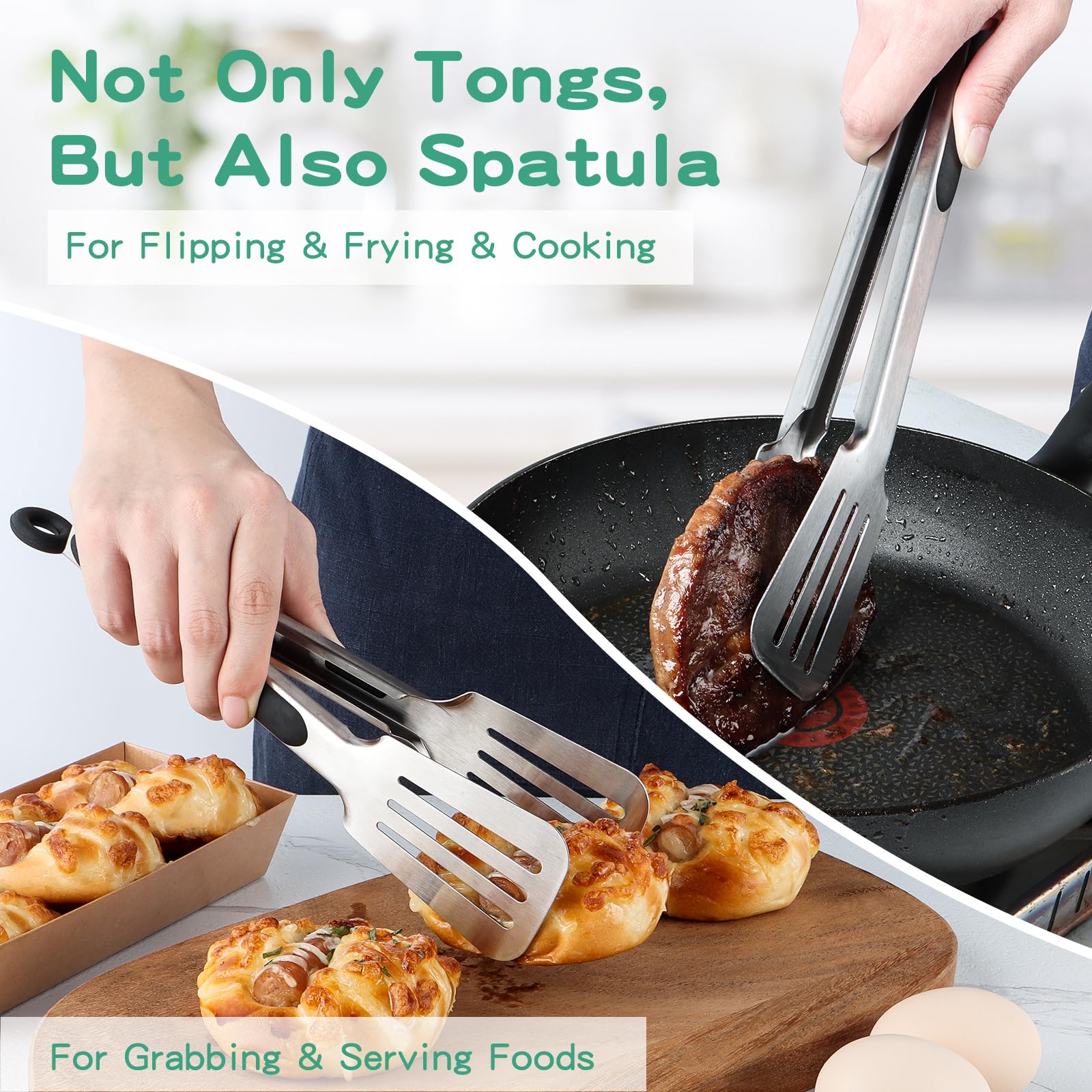 Lebabo tongs feature sturdy stainless construction for durability