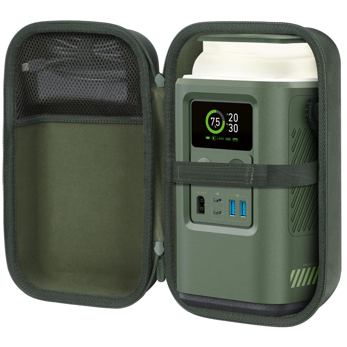 Lebakort green storage case side view protects Anker 60,000mAh power bank.
