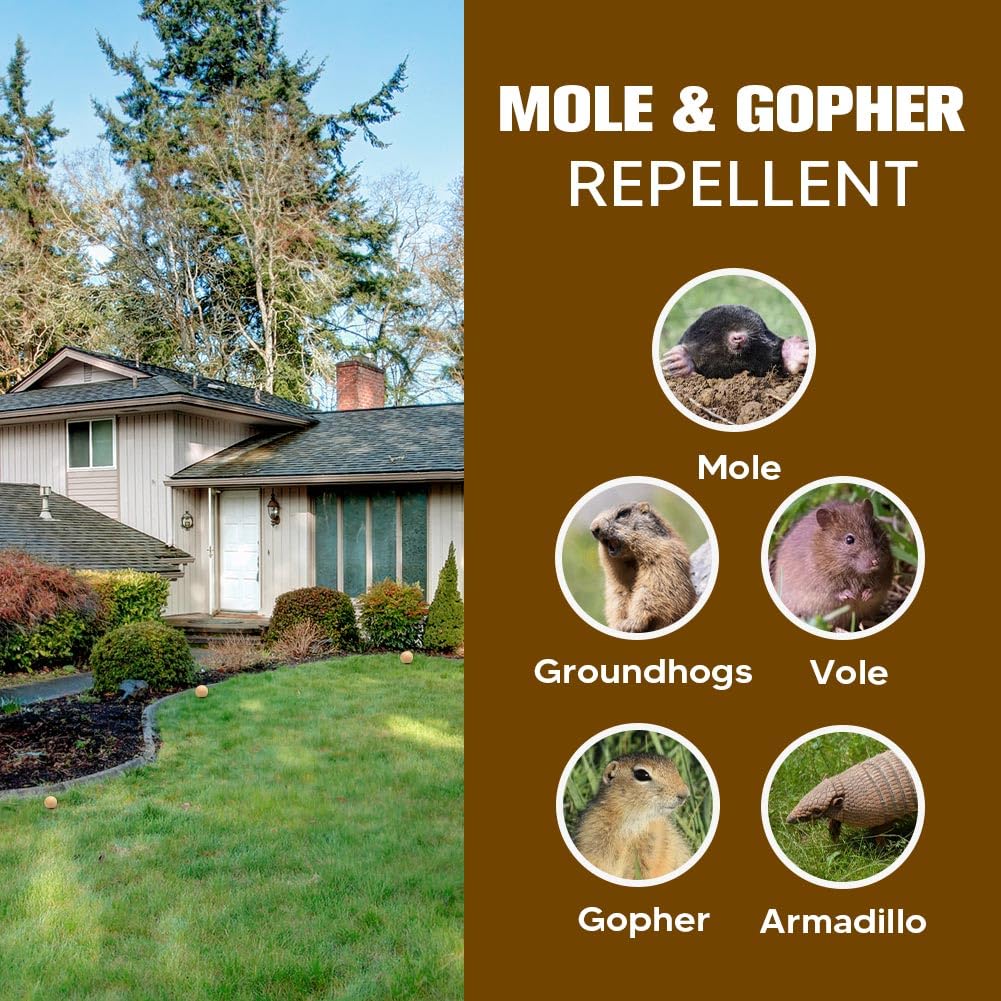 LEBMP Mole Repellent 8-pack packaging for easy multi-area coverage.