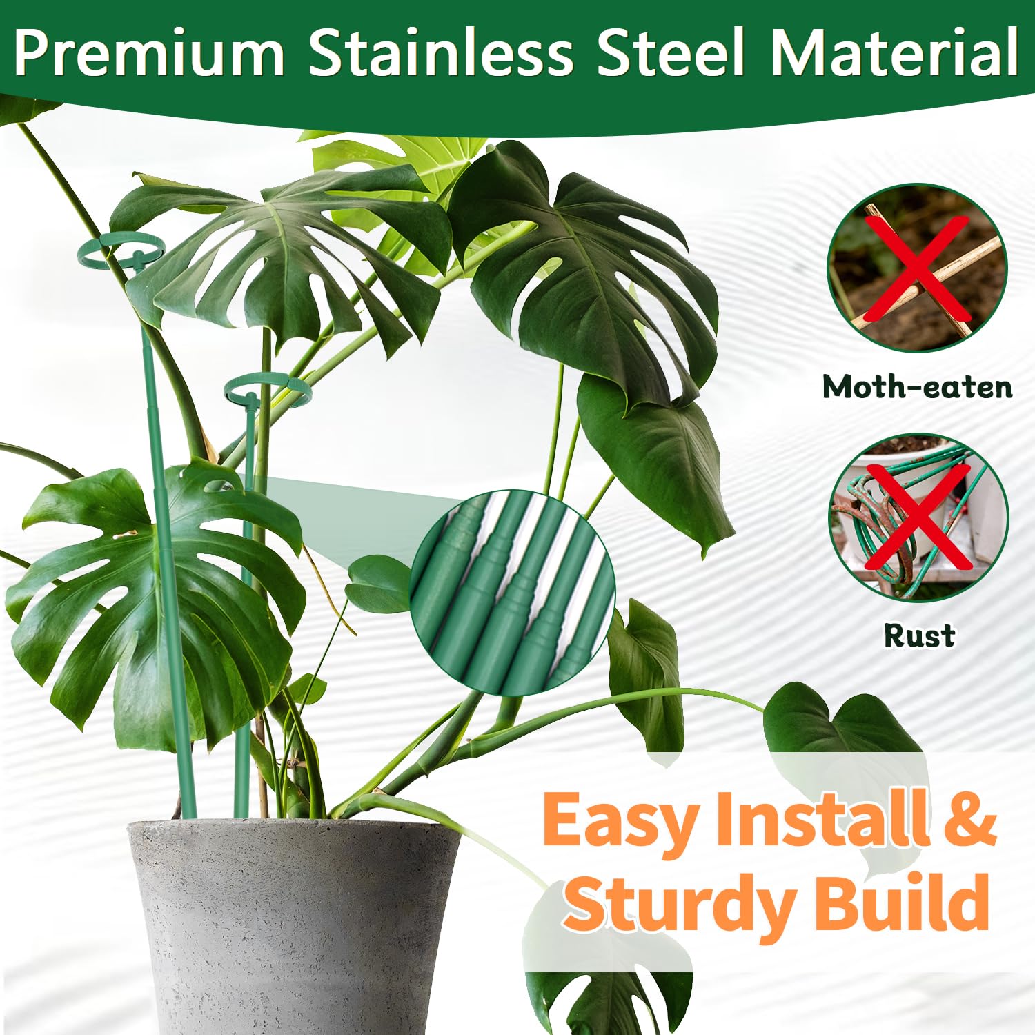 LECAMEBOR Monstera stake with green coating blends with foliage for a neat look.