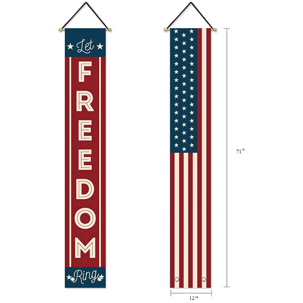 LeChamp Let Freedom Ring banner, pre-assembled for easy front porch hanging during holidays.