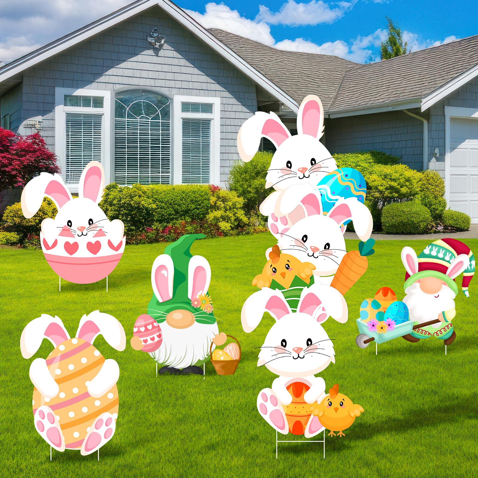 Lecheme Easter yard sign bunny-eggs enhances curb appeal for a festive lawn display.