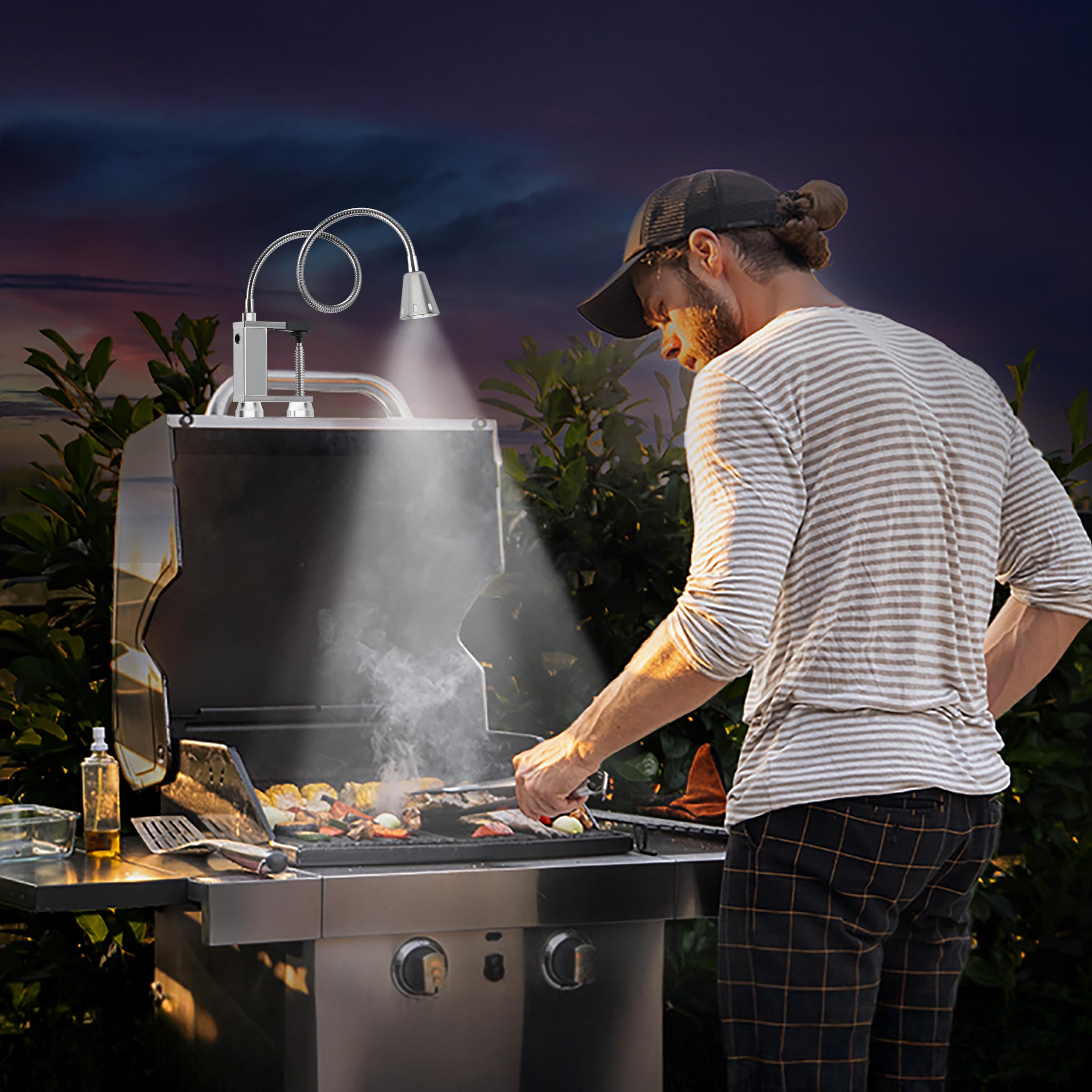 LED Concepts BBQ light with 360-degree gooseneck directing light to cooking area