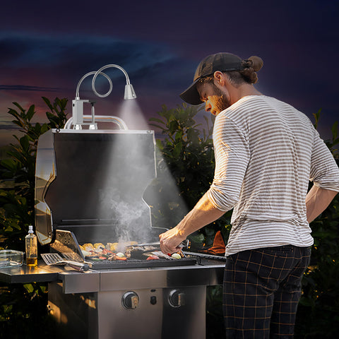 LED Concepts BBQ light with 360-degree gooseneck directing light to cooking area