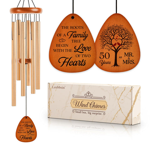 Leebbsin 50th anniversary wind chime hanging from a tree, romantic garden keepsake.