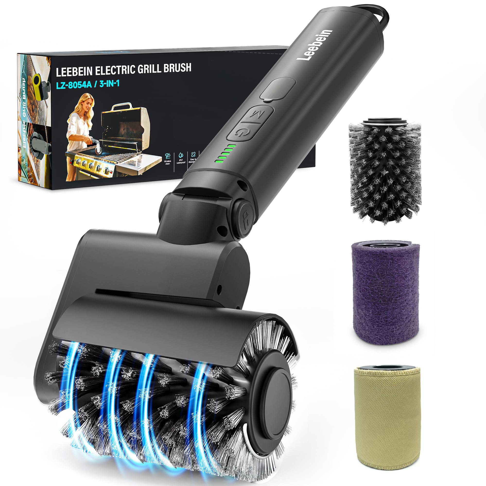 Leebein electric grill brush with 3 heads for efficient cleaning of grill grates and fast grease removal.