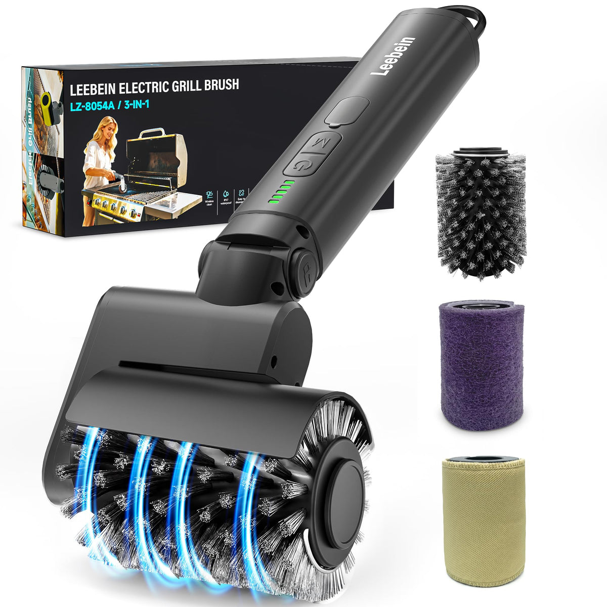 Leebein electric grill brush with 3 heads for efficient cleaning of grill grates and fast grease removal.