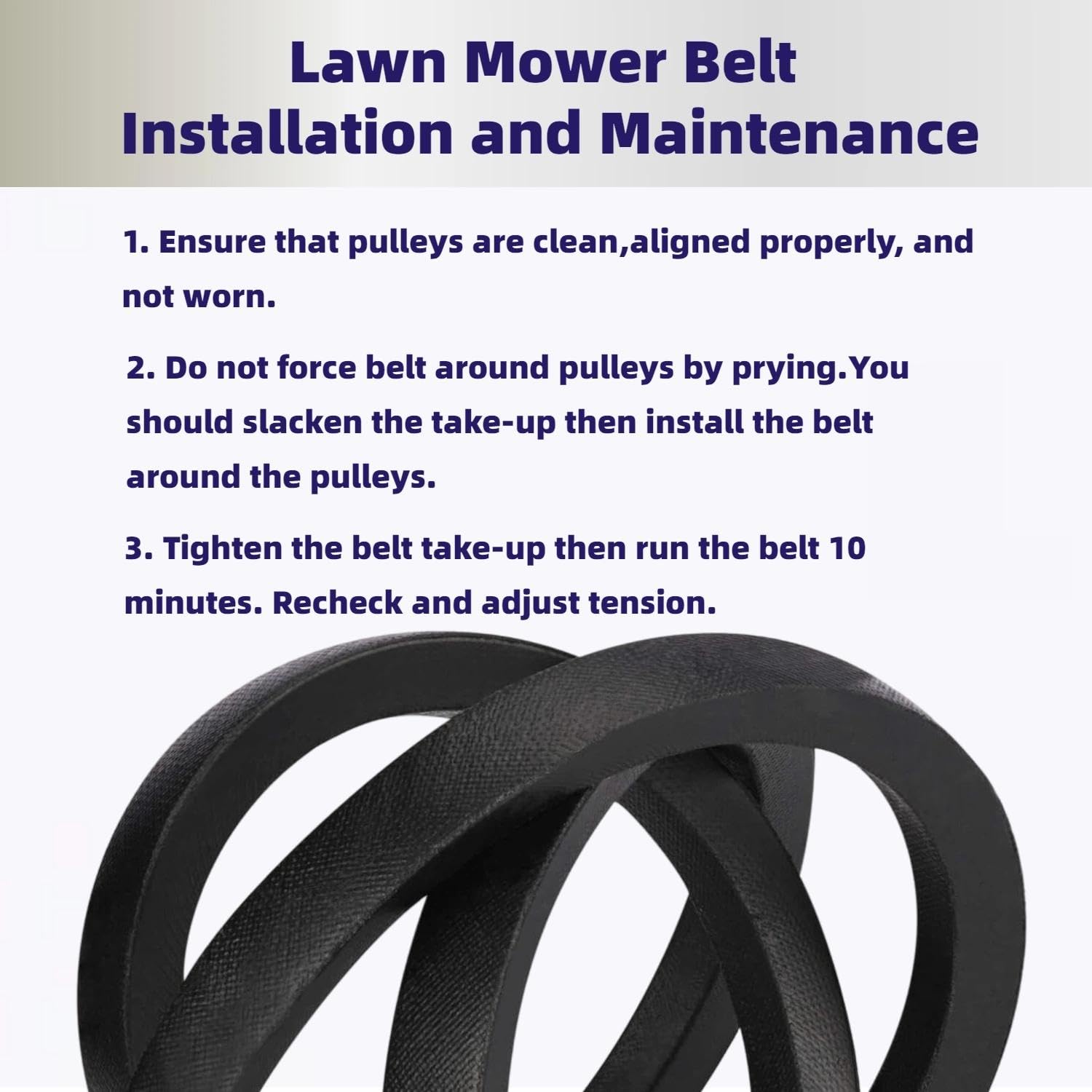 Dimension label on Leego deck belt shows 58x148-25 inch specs