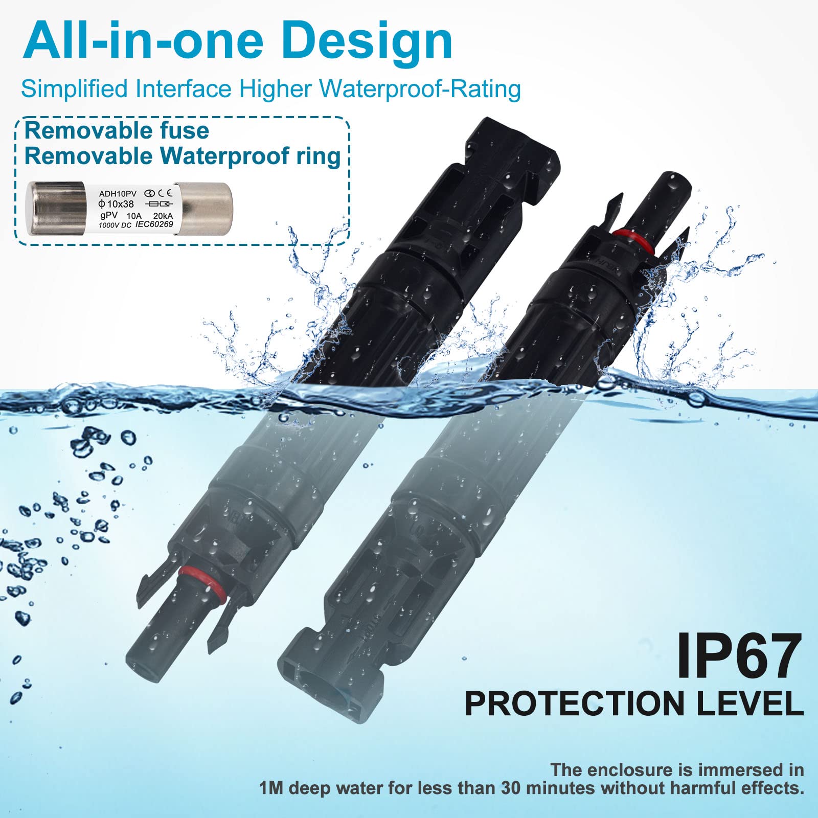 Leehitech IP67 waterproof seal ensures safe outdoor PV connections.