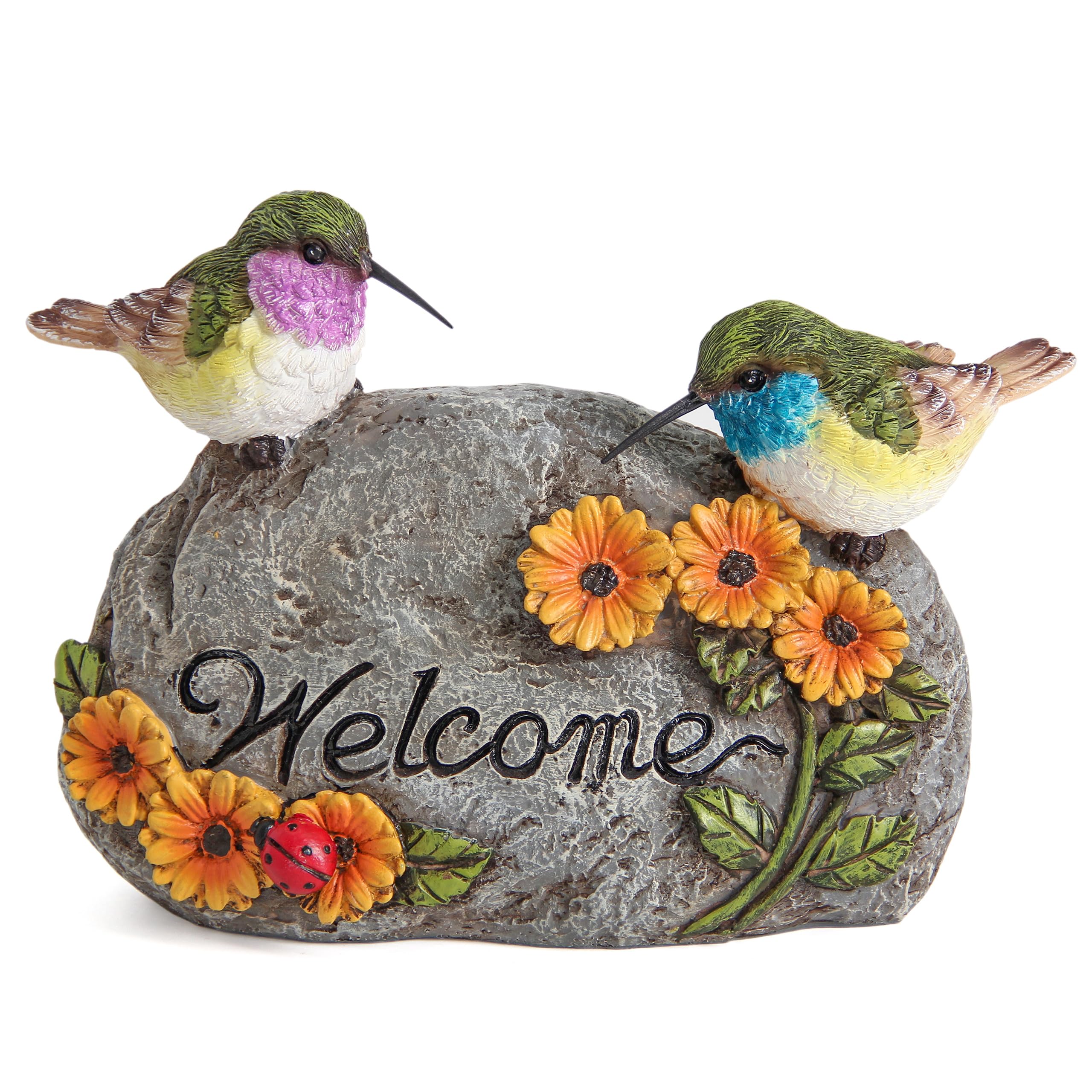 Leekung hummingbird welcome statue on a flower-covered stone, ideal for porch entry.