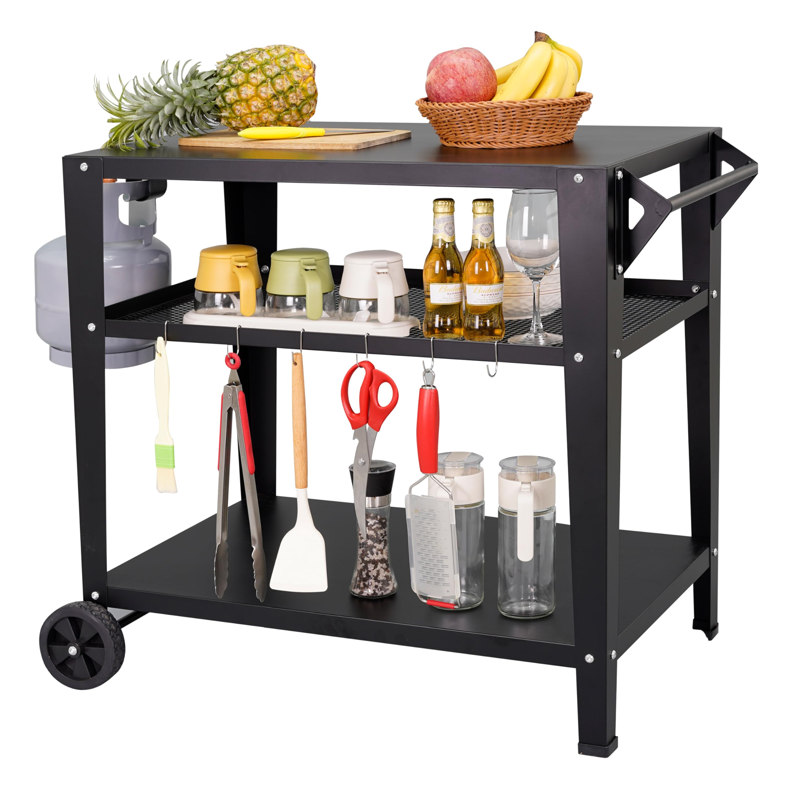 LEETOLLA black outdoor grill cart with wheels provides versatile prep space for outdoor cooking.