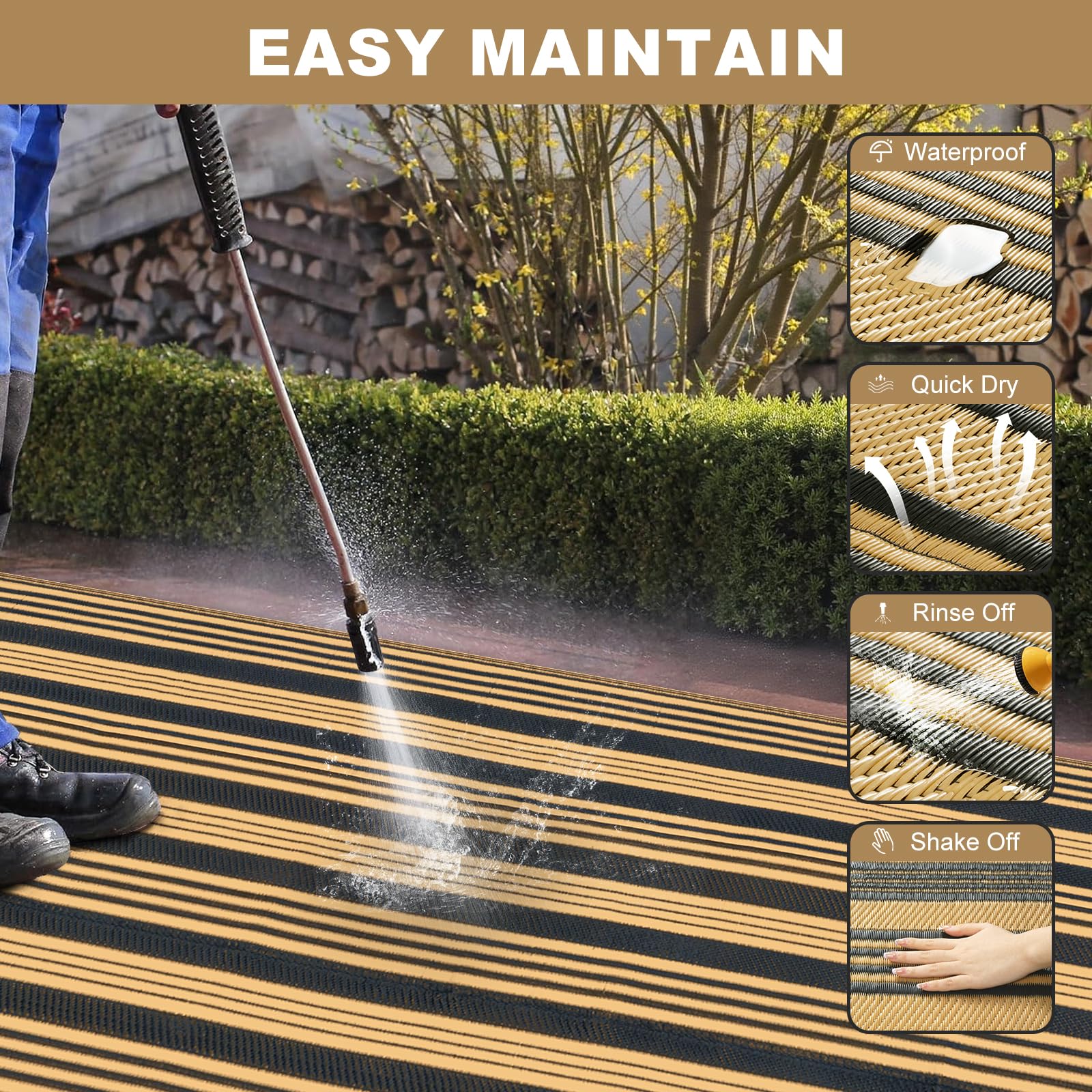 LEEVAN striped black and brown outdoor rug on patios and porches.