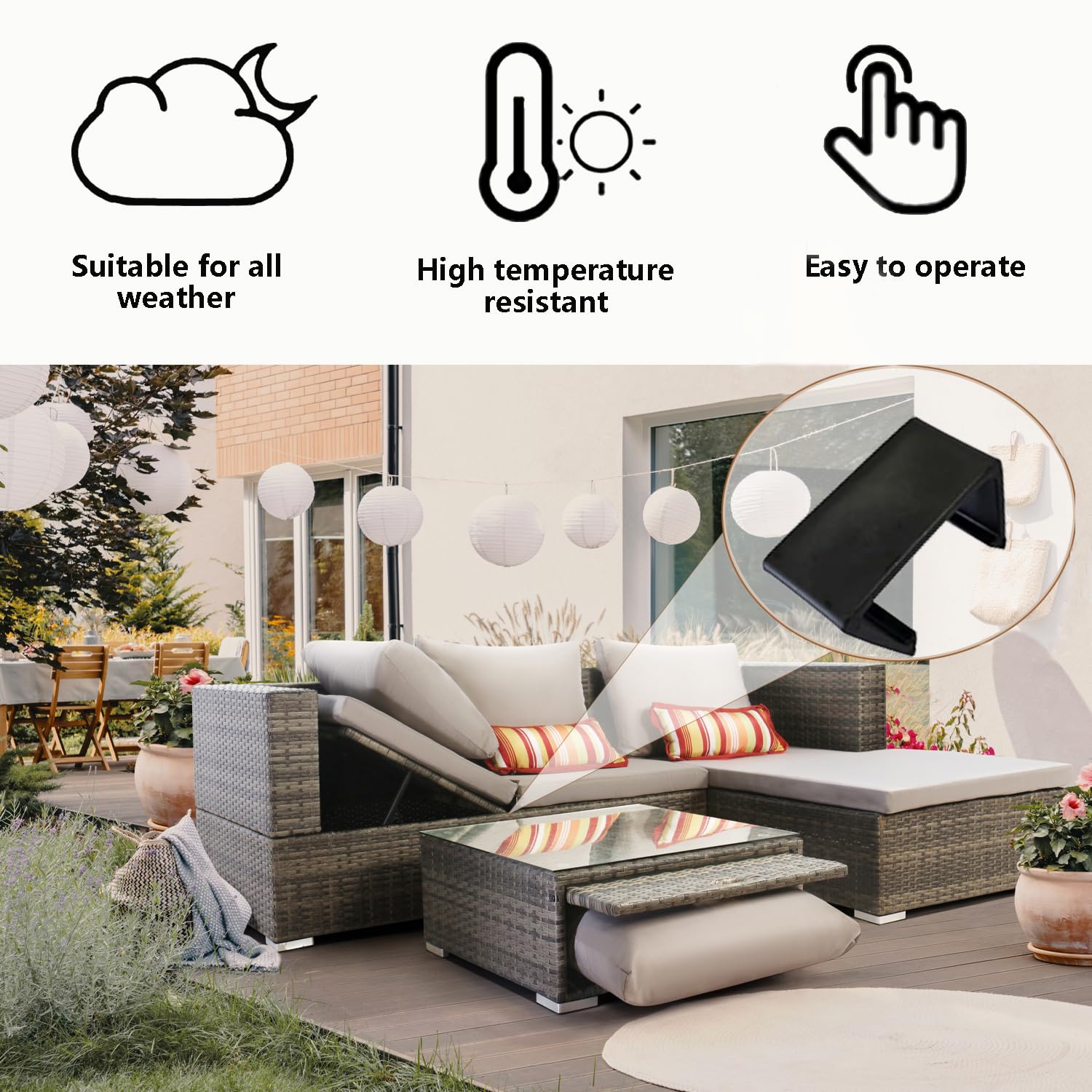 LeewooJardin clips connect two wicker sofa units for a clean look
