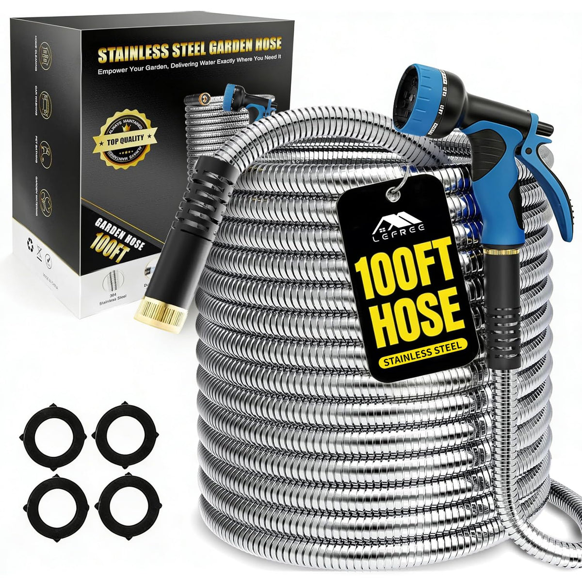 Lefree 100ft metal hose shown in action for long reach and durability.