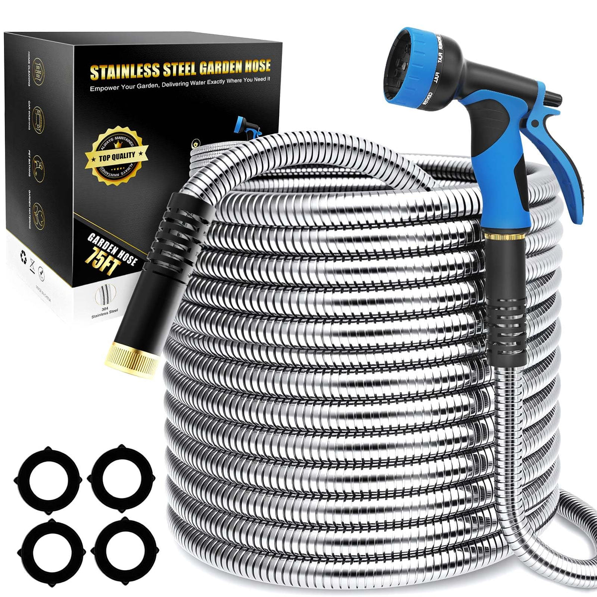 Lefree 75ft metal garden hose fully extended for yard watering.