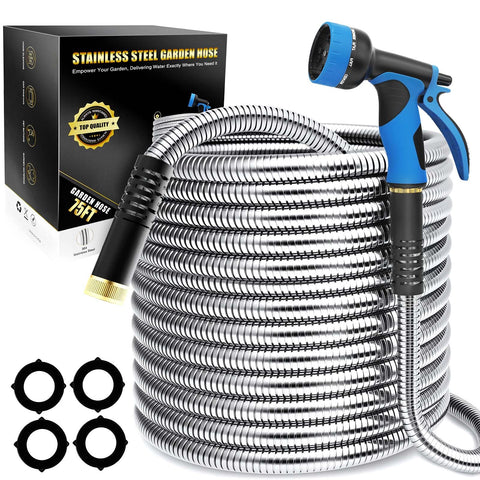 Lefree 75ft metal garden hose fully extended for yard watering.