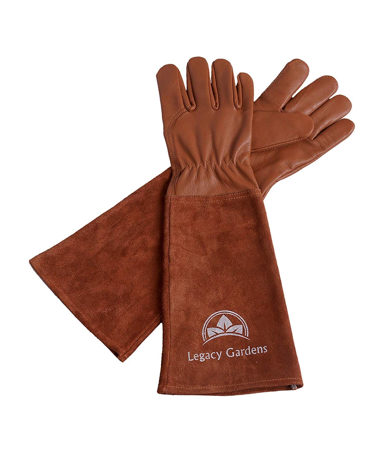Legacy Gardens leather garden gloves long gauntlet protecting hands during rose pruning