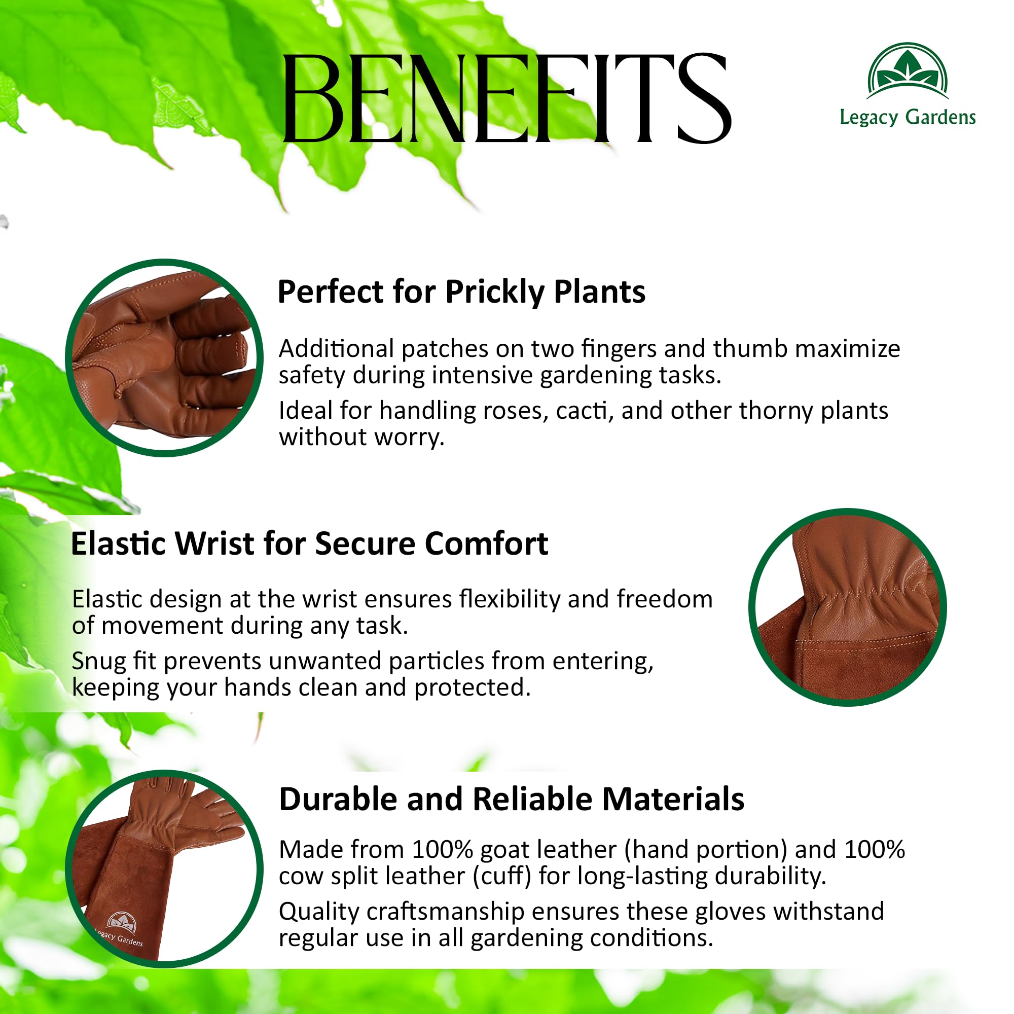 Legacy Gardens thorn-resistant gloves close-up showing reinforced padding for durability