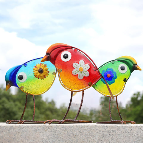 LEGIFO bird garden stand with three colorful glass birds for patio charm.